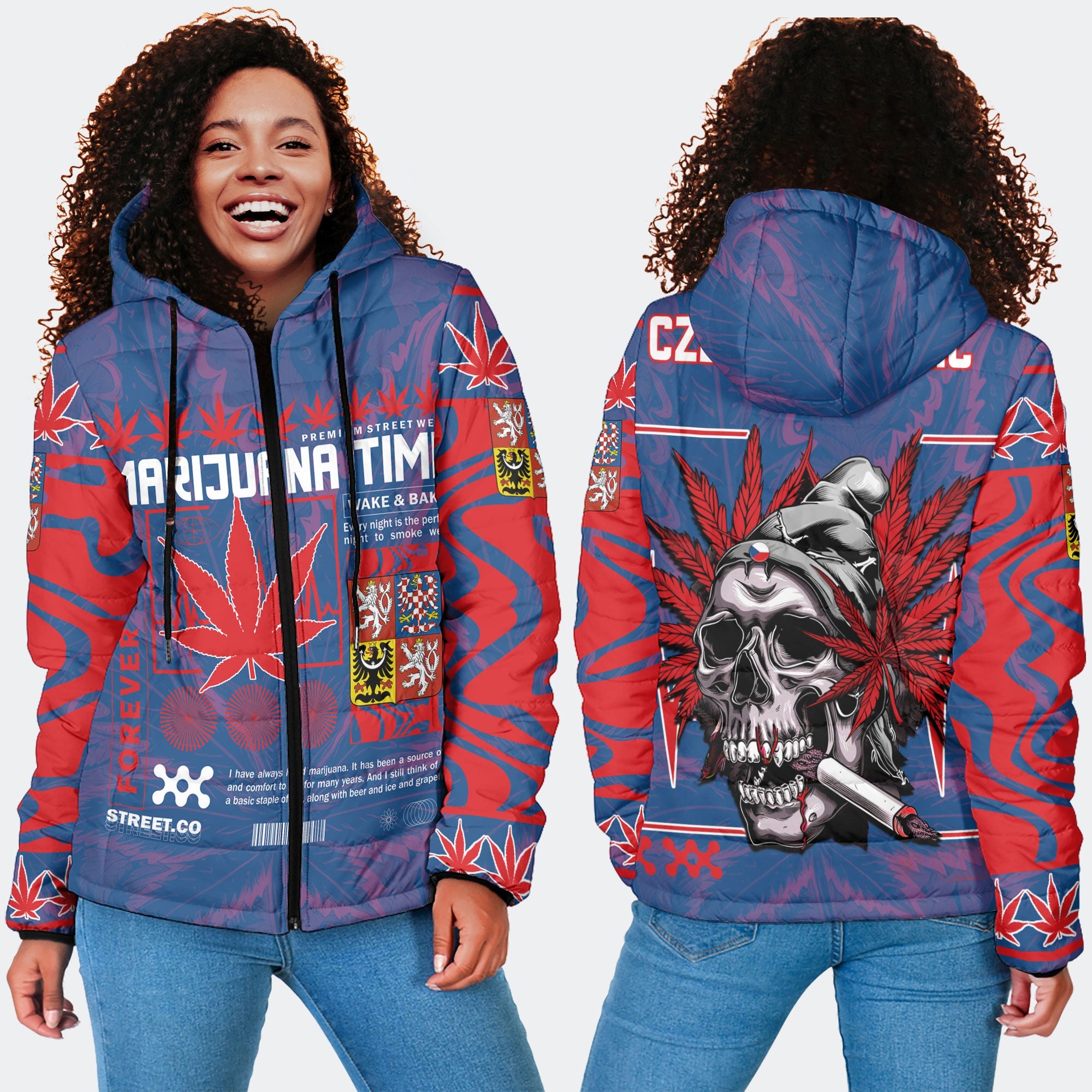 Czech Republic Women Hooded Padded Jacket Flag & Coat Of Arms Marijuanas Style