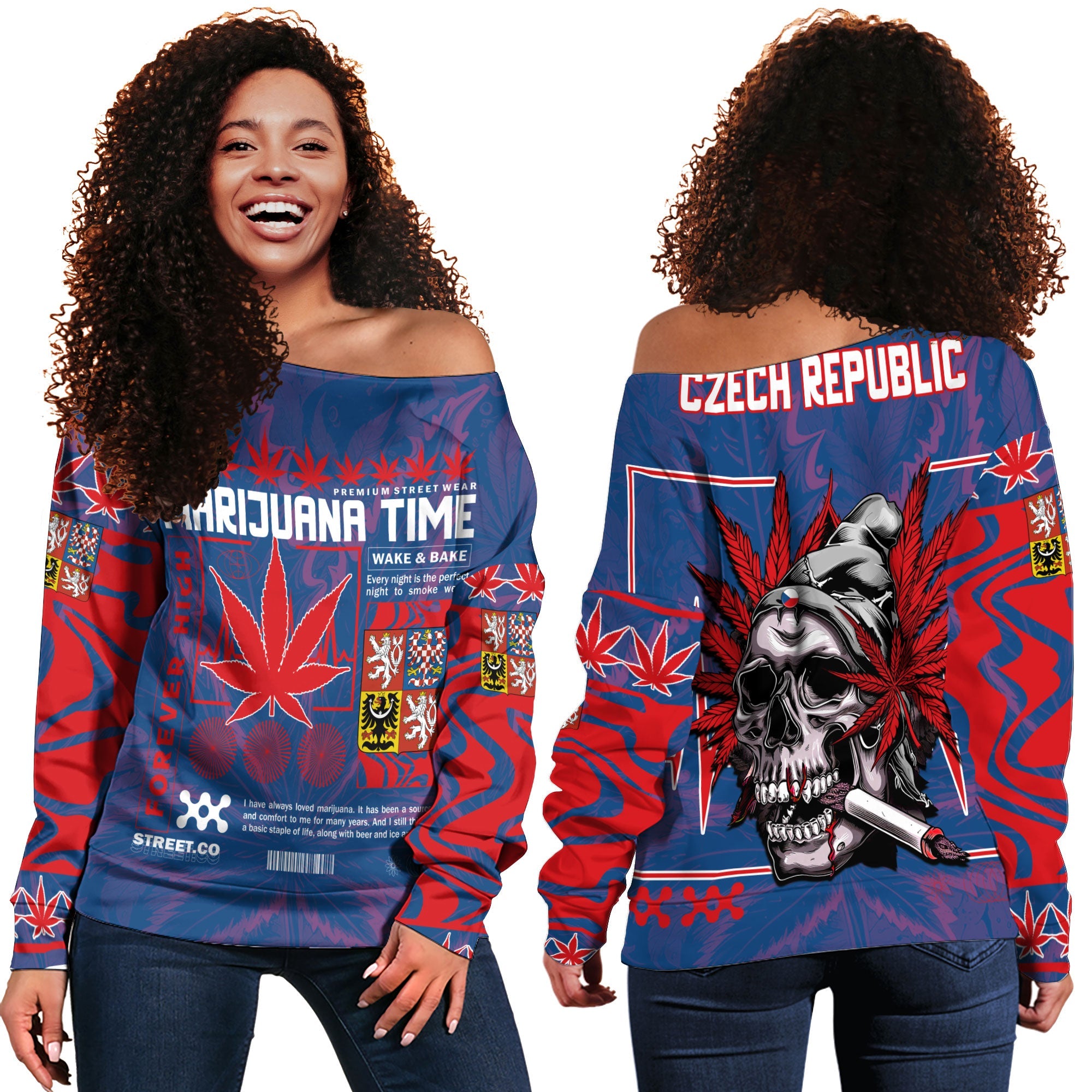 Czech Republic Women Off Shoulder Sweatshirt Flag & Coat Of Arms Marijuanas Style