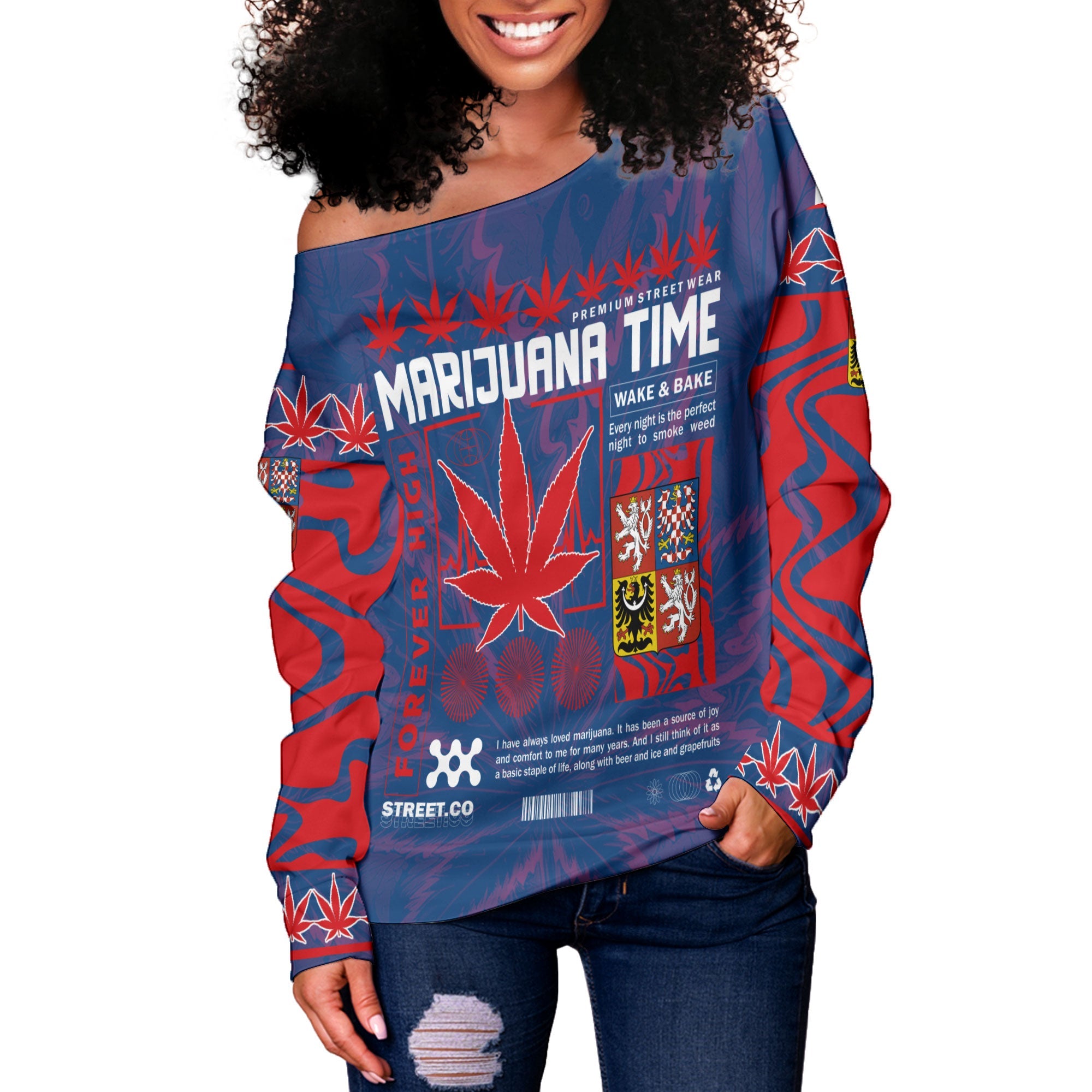 Czech Republic Women Off Shoulder Sweatshirt Flag & Coat Of Arms Marijuanas Style