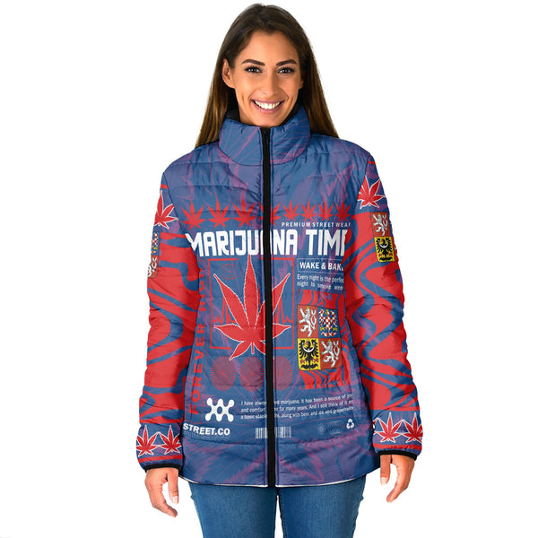 Czech Republic Women Padded Jacket Flag & Coat Of Arms Marijuanas Style