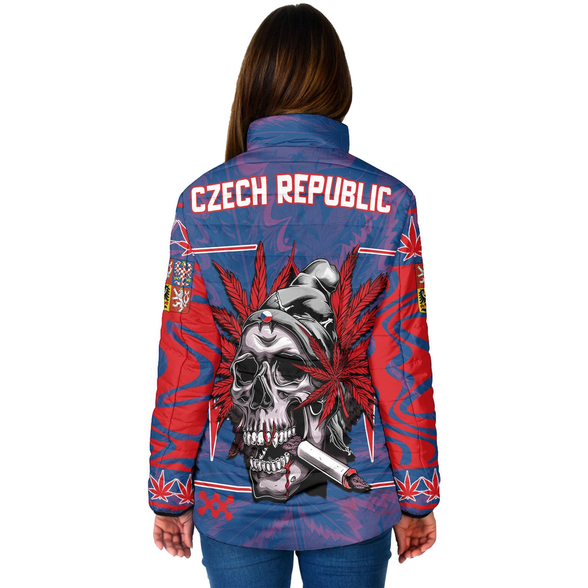 Czech Republic Women Padded Jacket Flag & Coat Of Arms Marijuanas Style