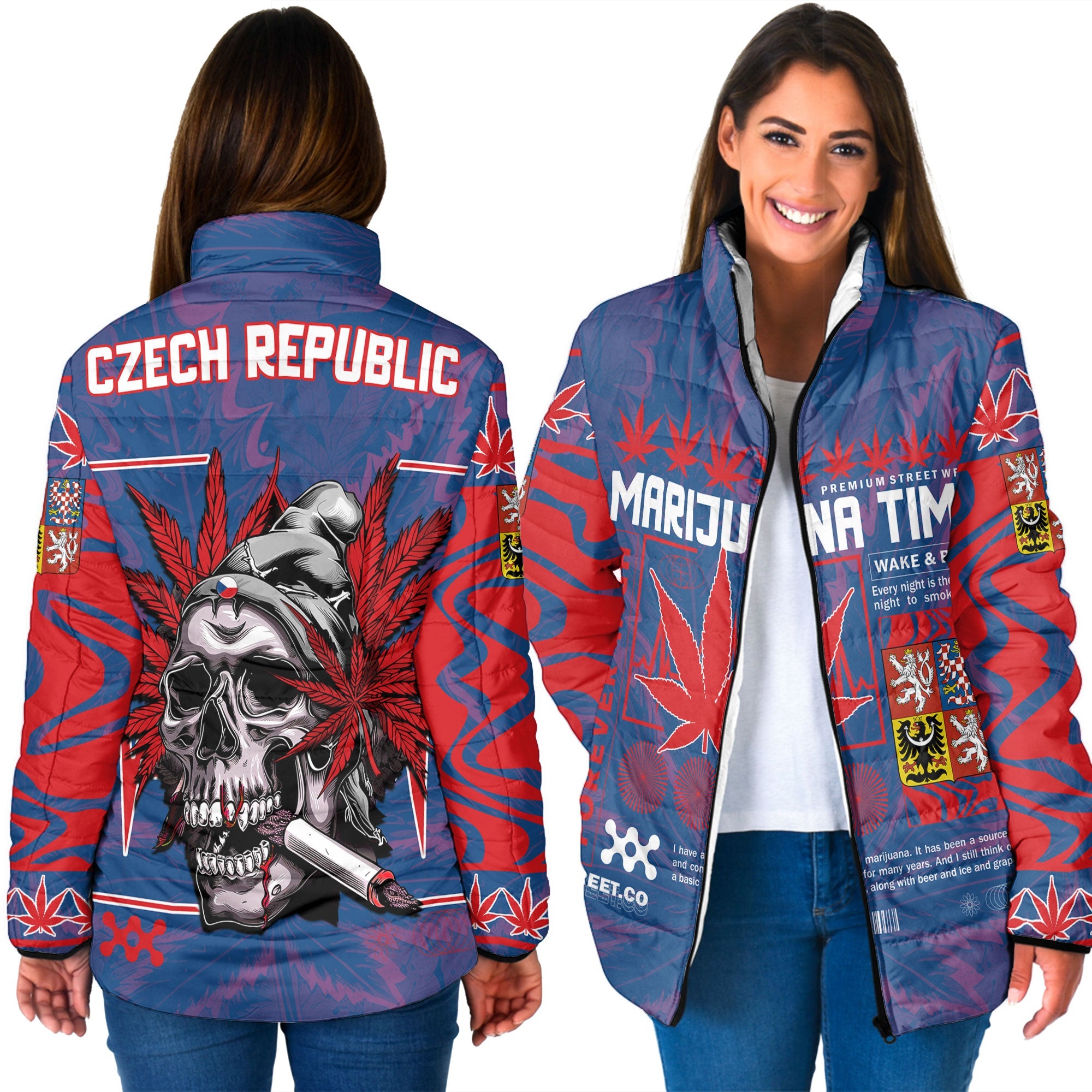 Czech Republic Women Padded Jacket Flag & Coat Of Arms Marijuanas Style