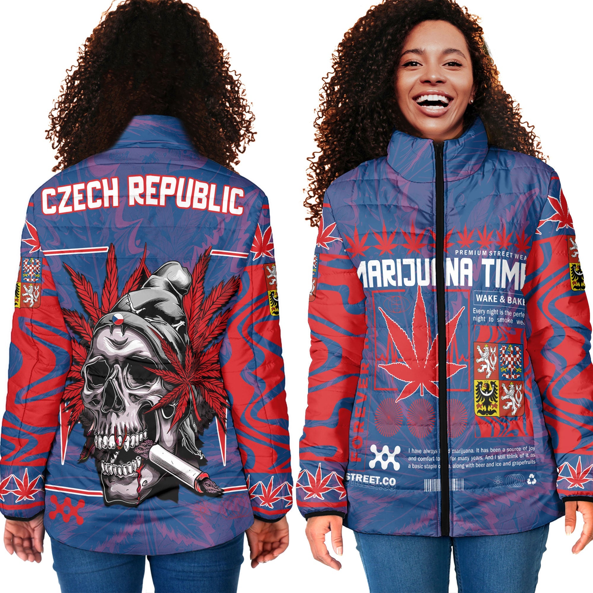 Czech Republic Women Padded Jacket Flag & Coat Of Arms Marijuanas Style