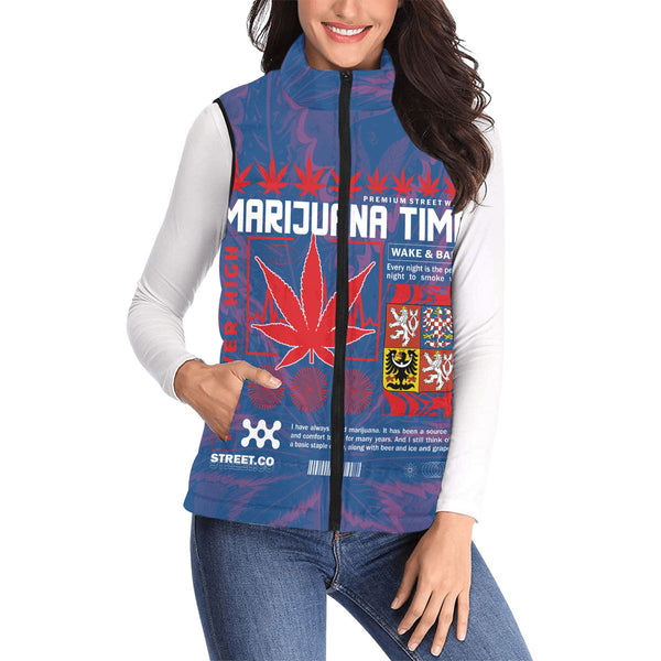 Czech Republic Women Padded Jacket Vest Flag & Coat Of Arms Marijuanas Style