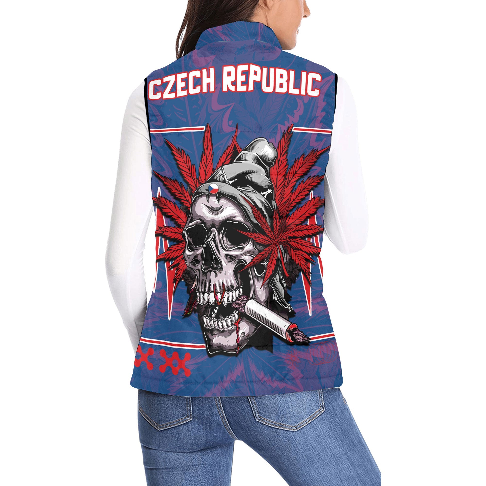 Czech Republic Women Padded Jacket Vest Flag & Coat Of Arms Marijuanas Style