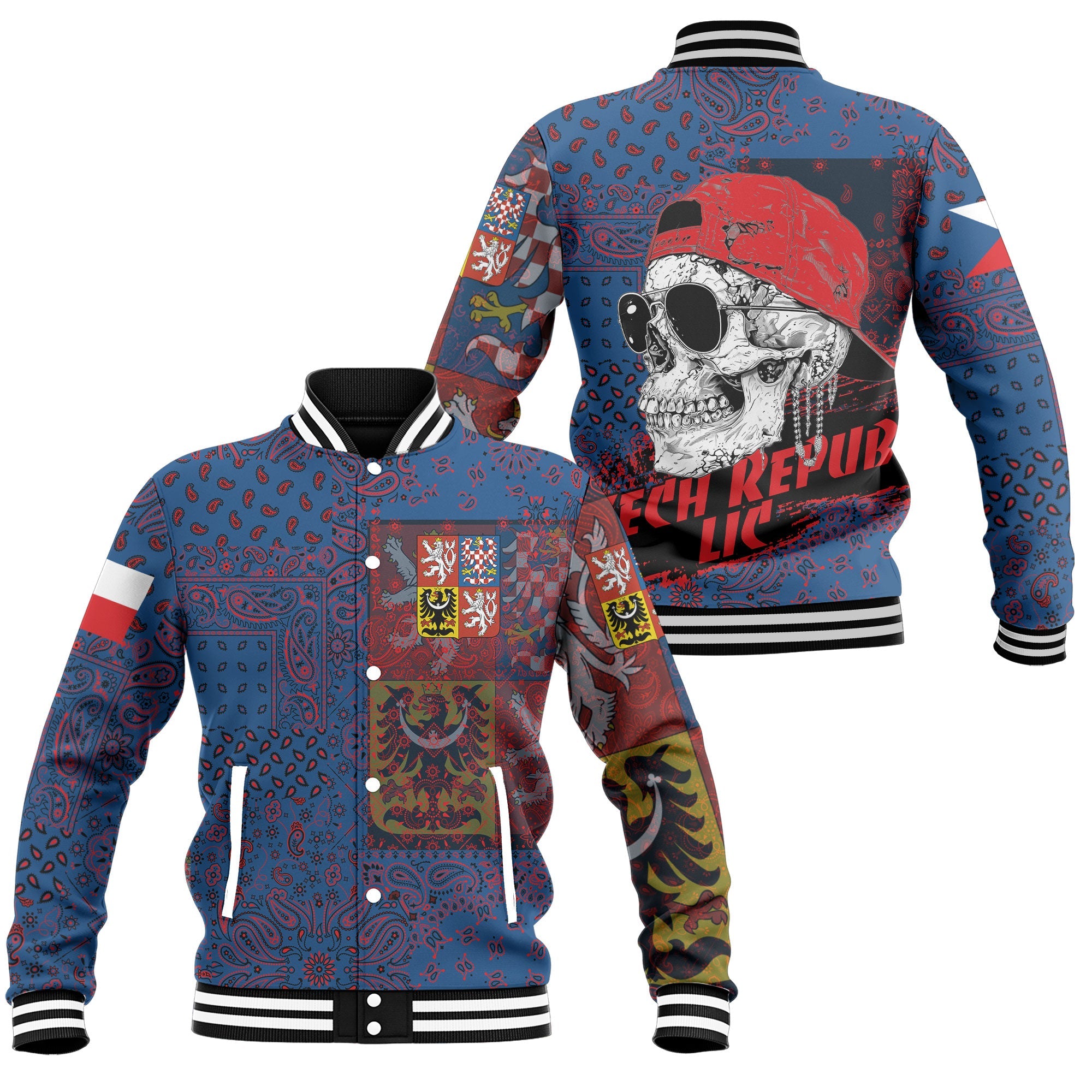 Czech Republic Baseball Jacket Paisley Flag And Skull Style 1