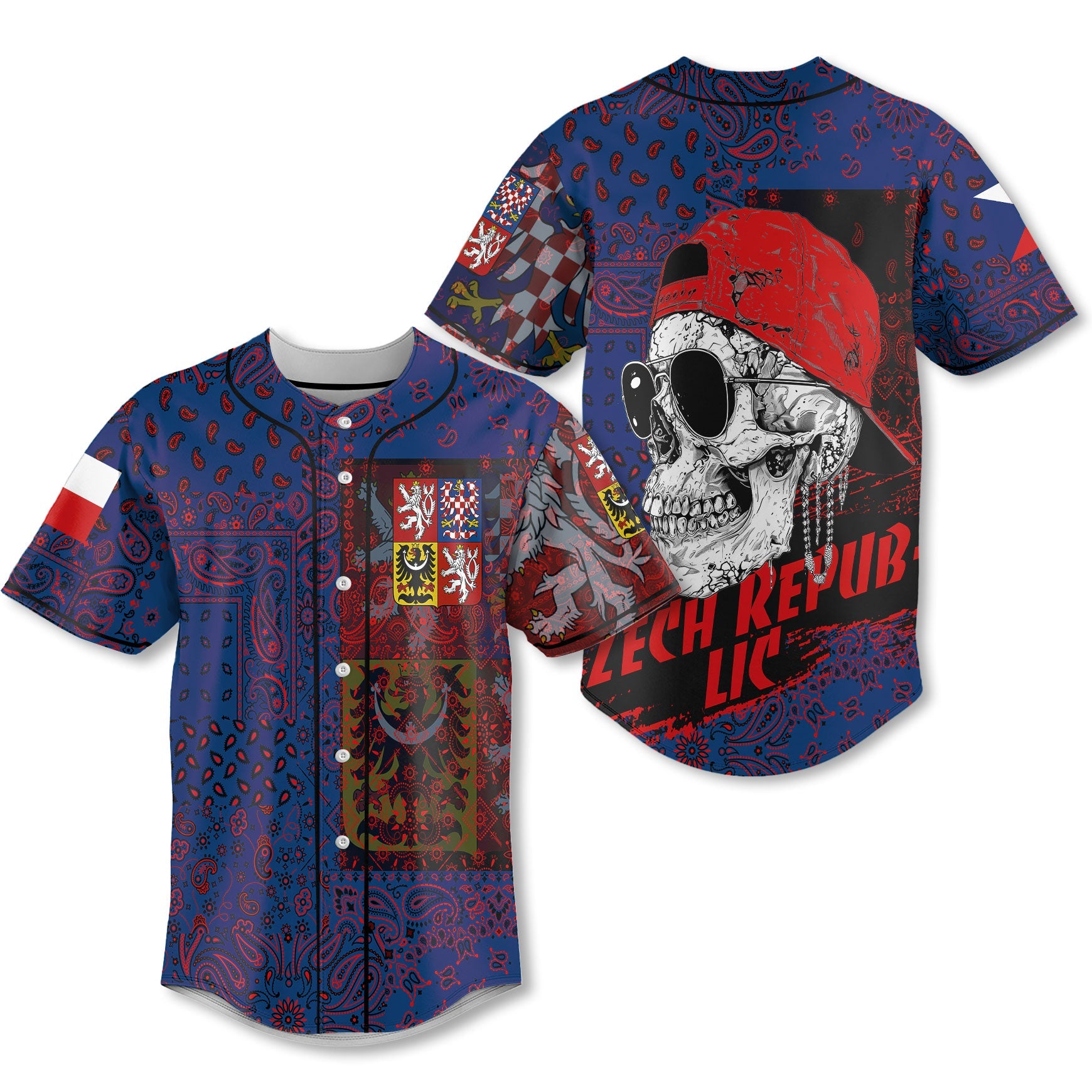 Czech Republic Baseball Jersey Paisley Flag And Skull Style 1