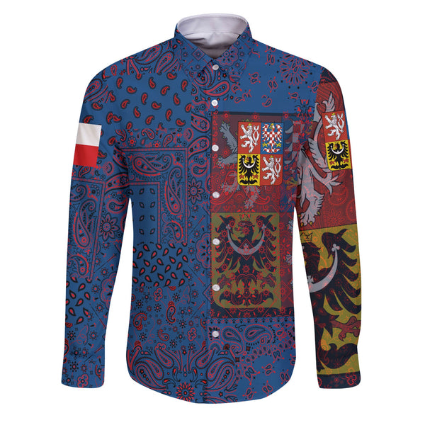 Czech Republic Long Sleeve Button Shirt Paisley Flag And Skull Style 1