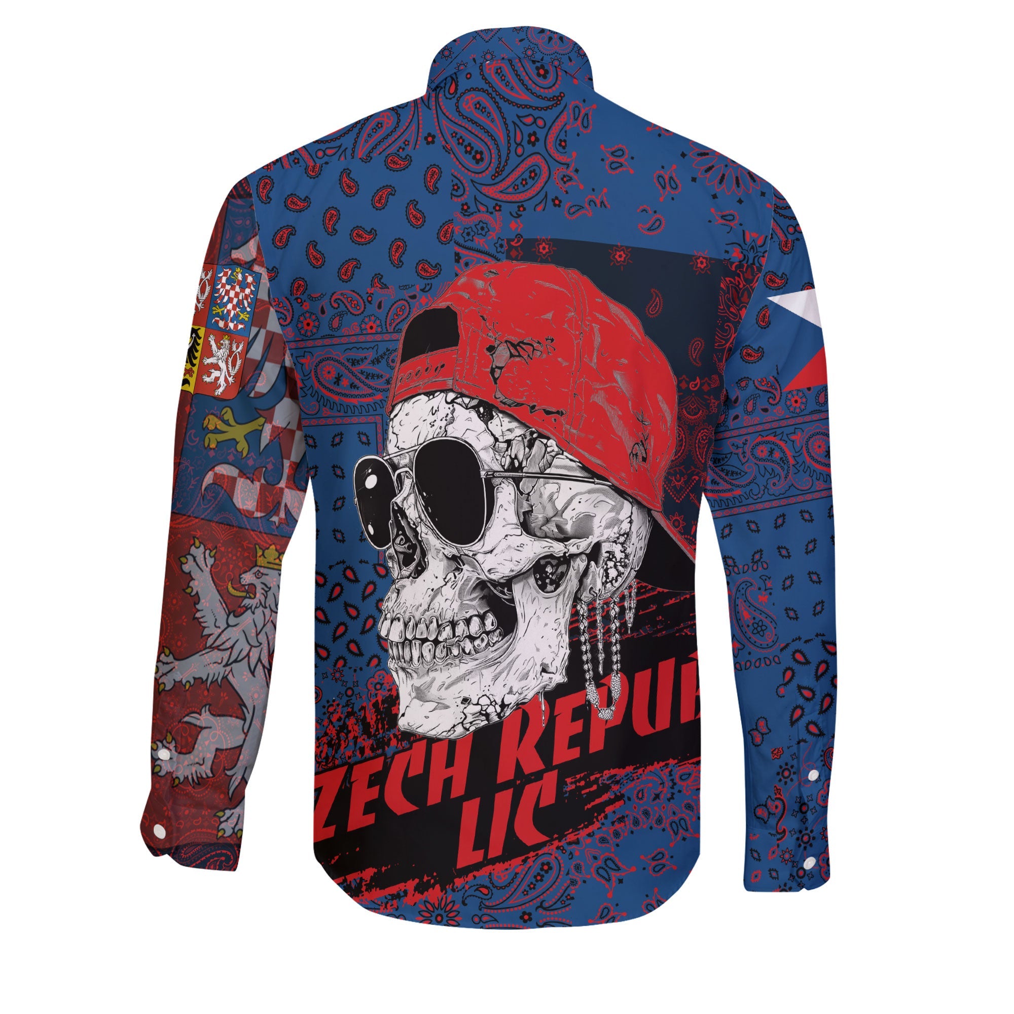 Czech Republic Long Sleeve Button Shirt Paisley Flag And Skull Style 2