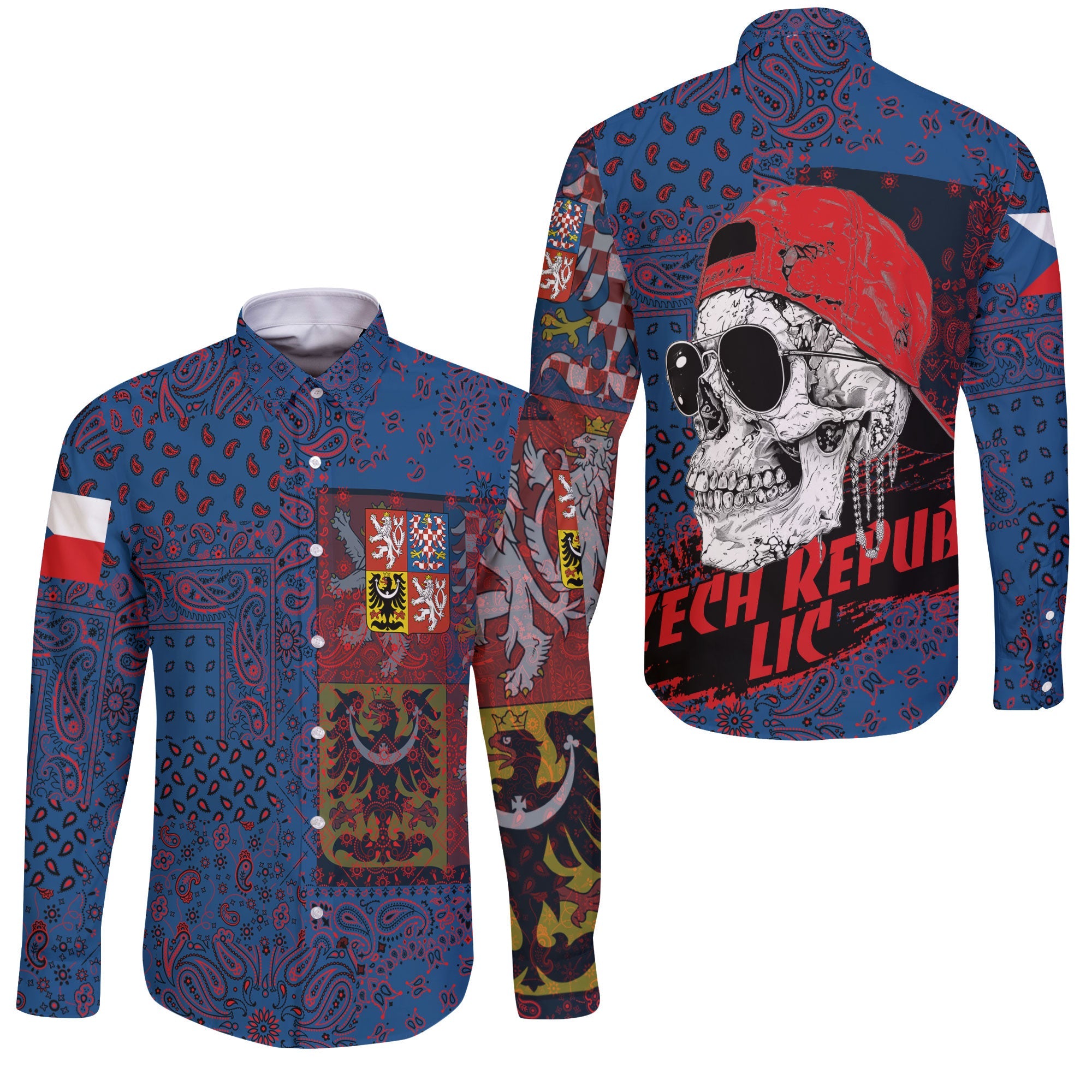 Czech Republic Long Sleeve Button Shirt Paisley Flag And Skull Style 3