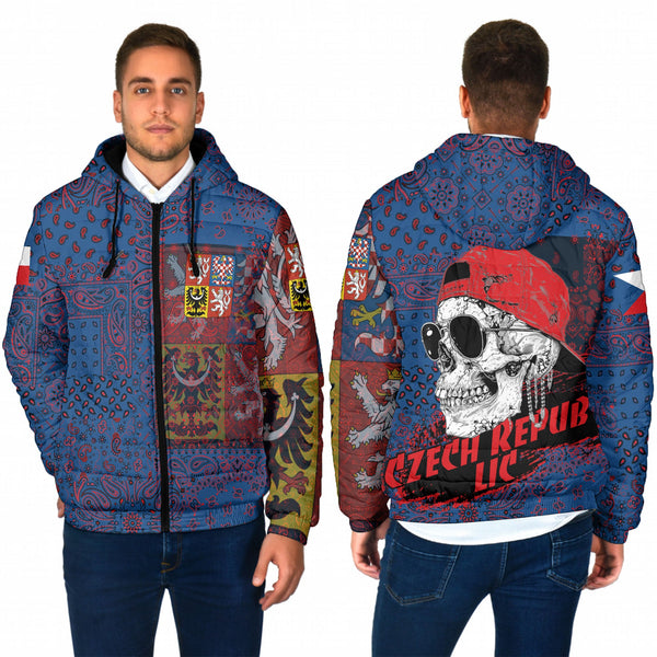 Czech Republic Men Hooded Padded Jacket Paisley Flag And Skull Style 1