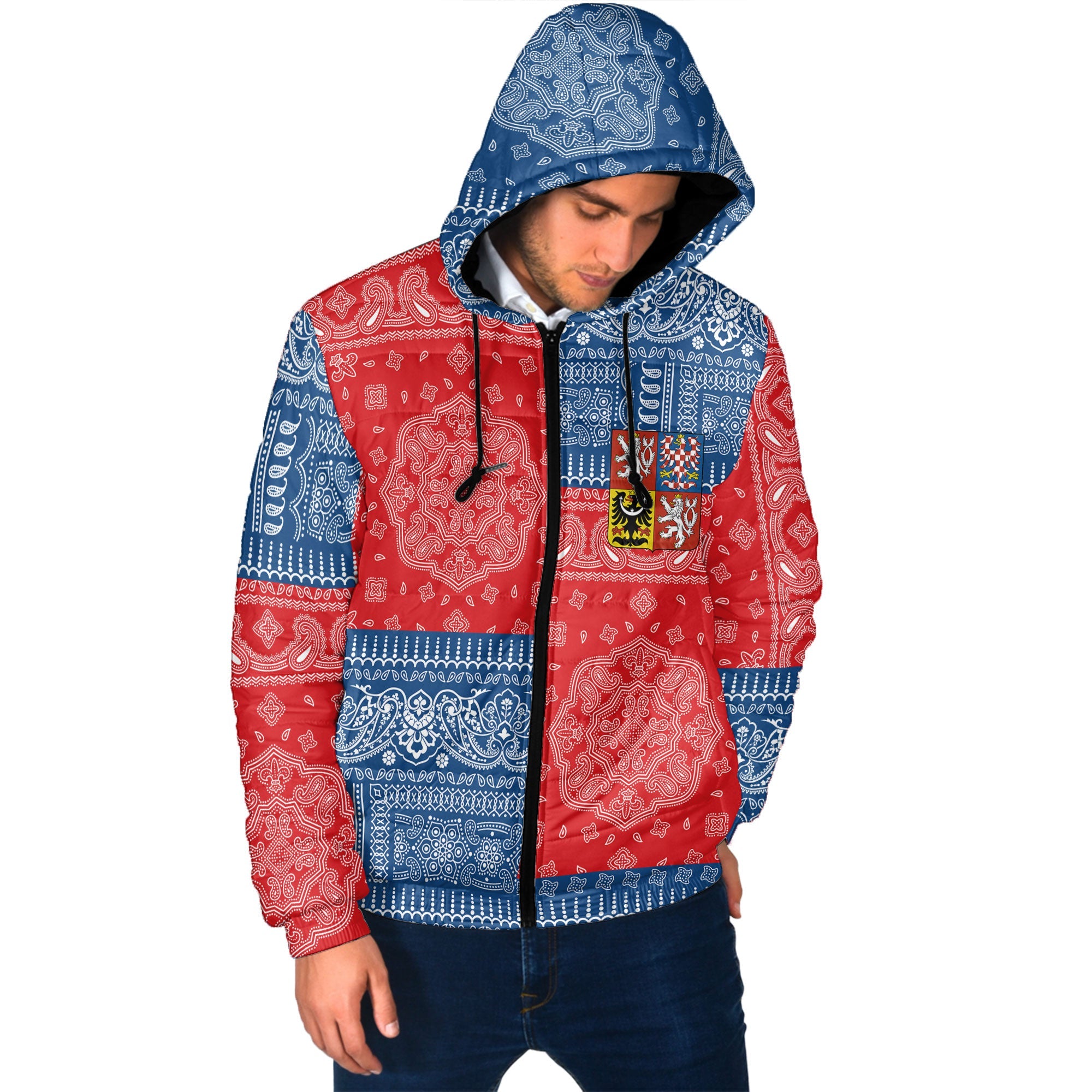 Czech Republic Men Hooded Padded Jacket Flag And Paisley Basic Style 2