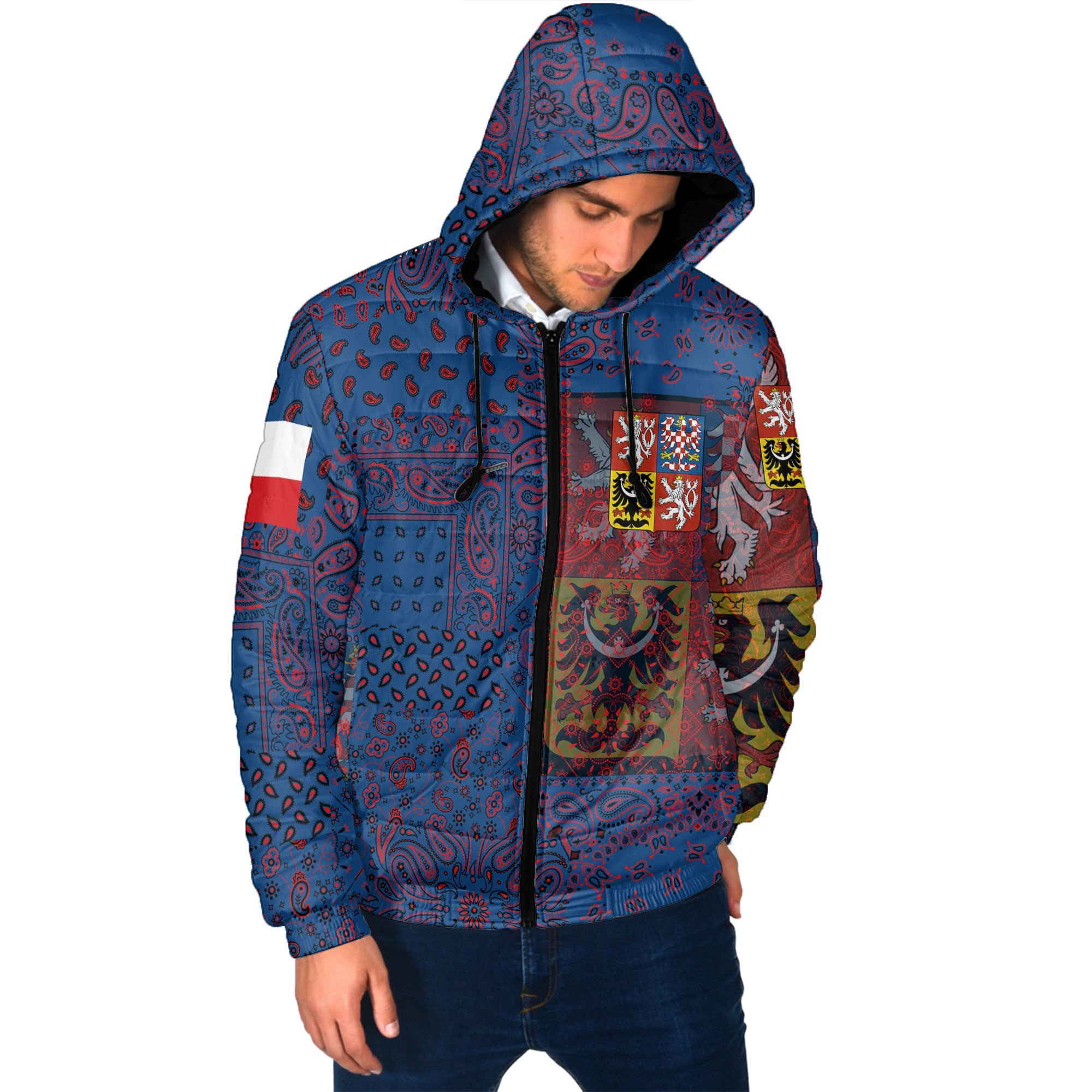 Czech Republic Men Hooded Padded Jacket Paisley Flag And Skull Style 2