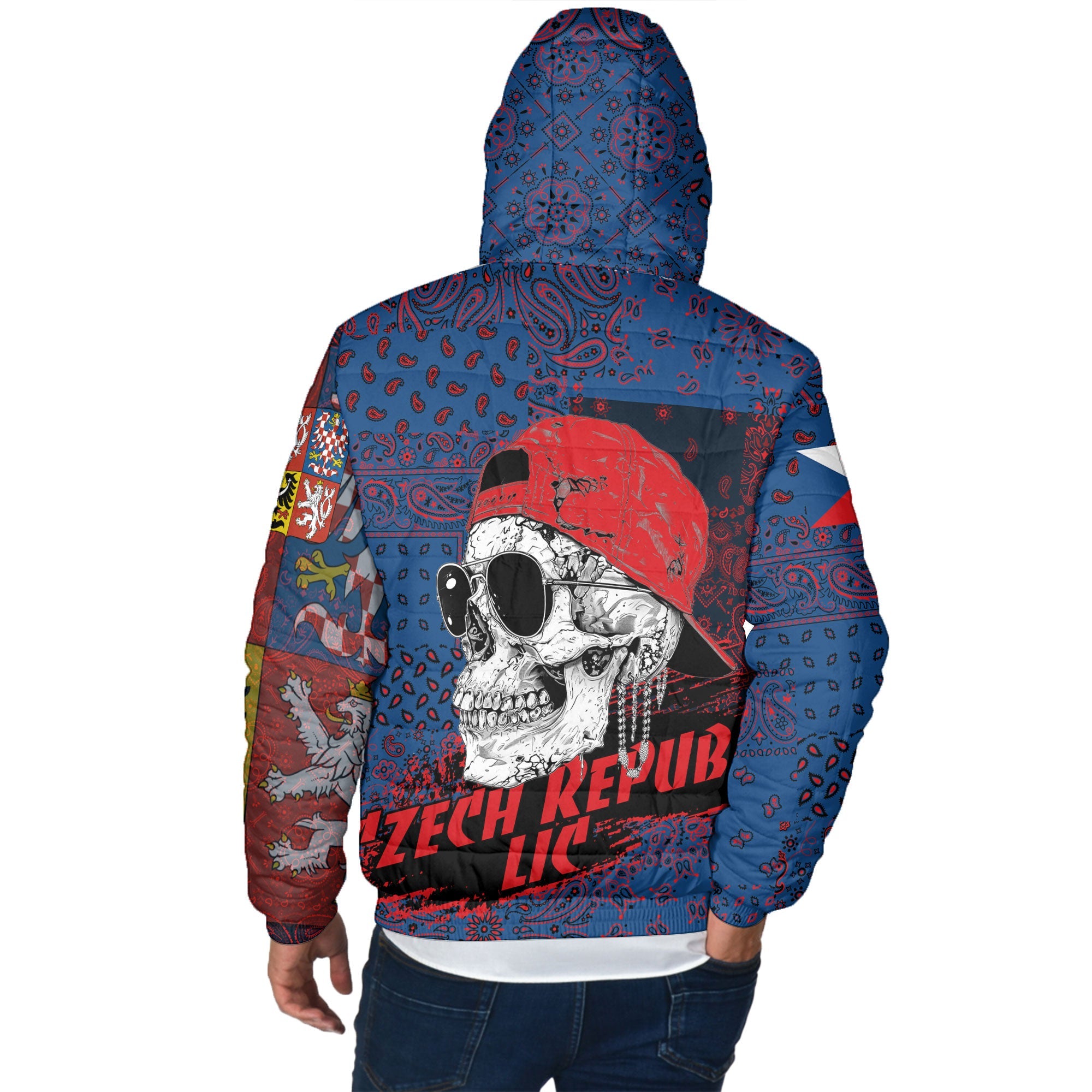 Czech Republic Men Hooded Padded Jacket Paisley Flag And Skull Style 3