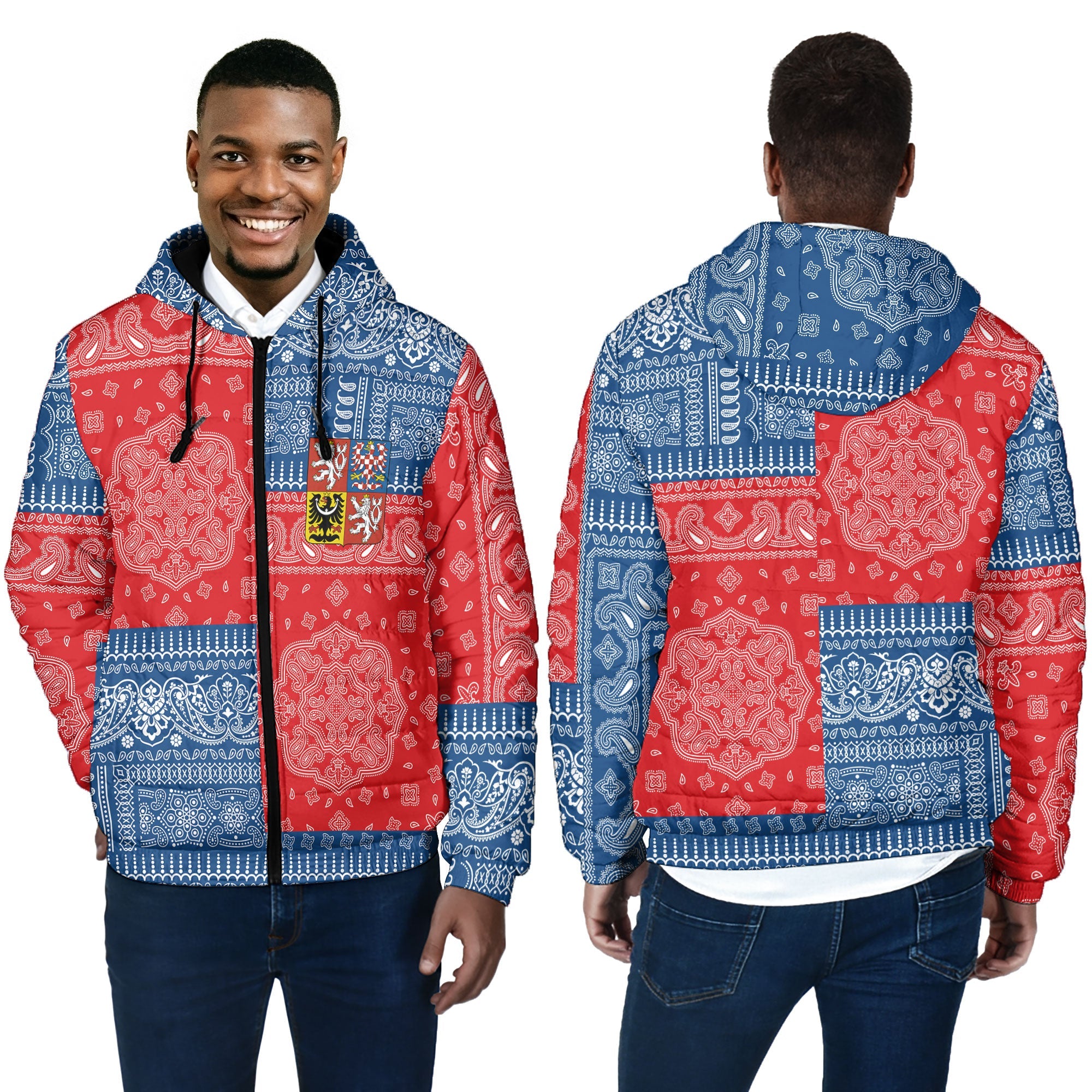 Czech Republic Men Hooded Padded Jacket Flag And Paisley Basic Style 4