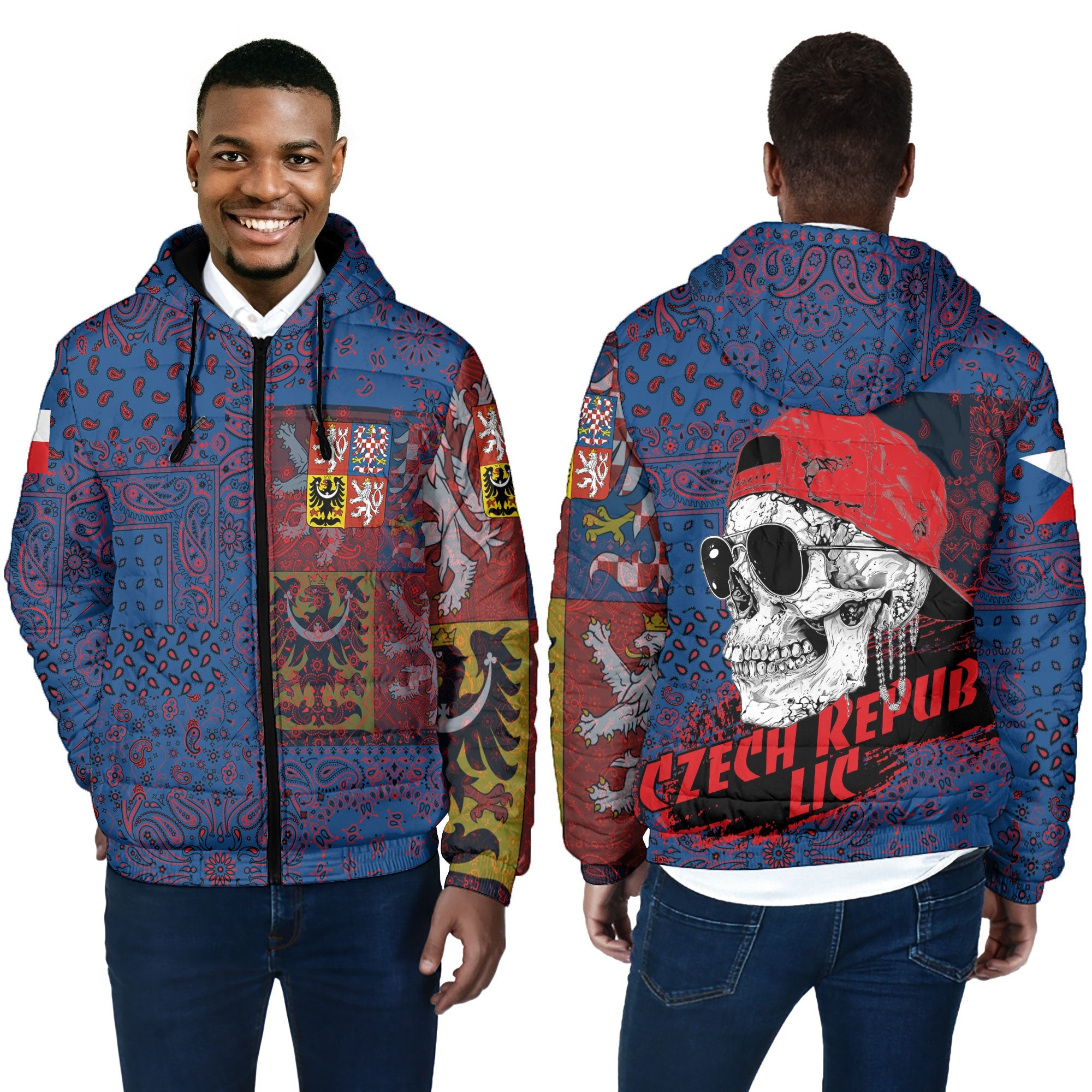 Czech Republic Men Hooded Padded Jacket Paisley Flag And Skull Style 4