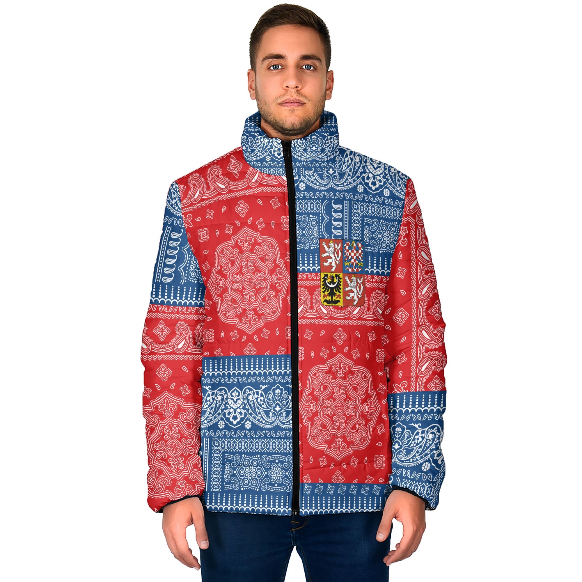 Czech Republic Men Padded Jacket Flag And Paisley Basic Style 1