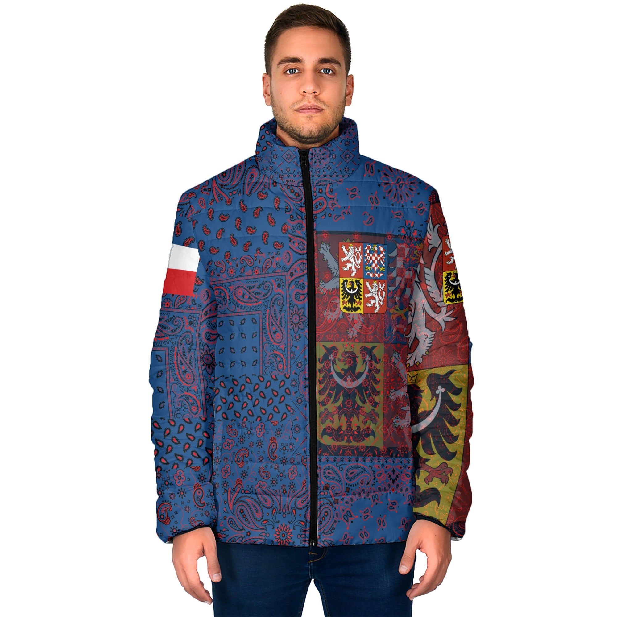 Czech Republic Men Padded Jacket Paisley Flag And Skull Style 1