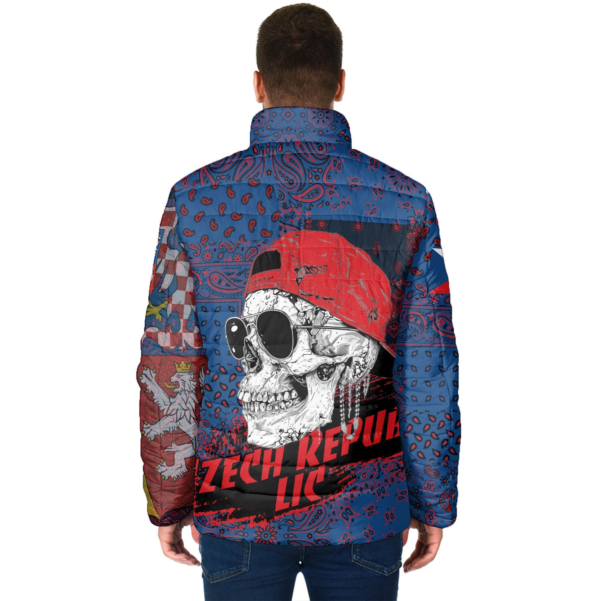 Czech Republic Men Padded Jacket Paisley Flag And Skull Style 2