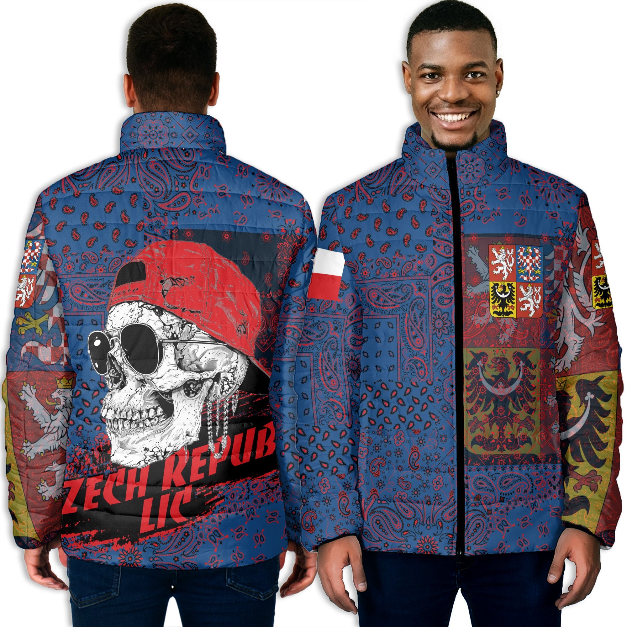 Czech Republic Men Padded Jacket Paisley Flag And Skull Style 3