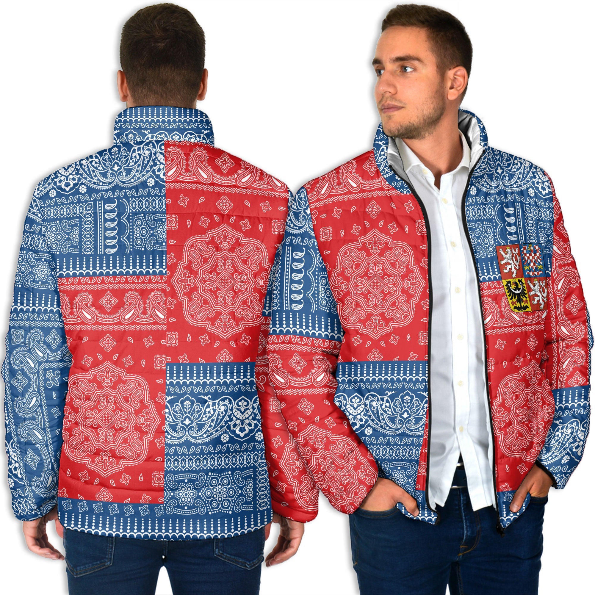 Czech Republic Men Padded Jacket Flag And Paisley Basic Style 4