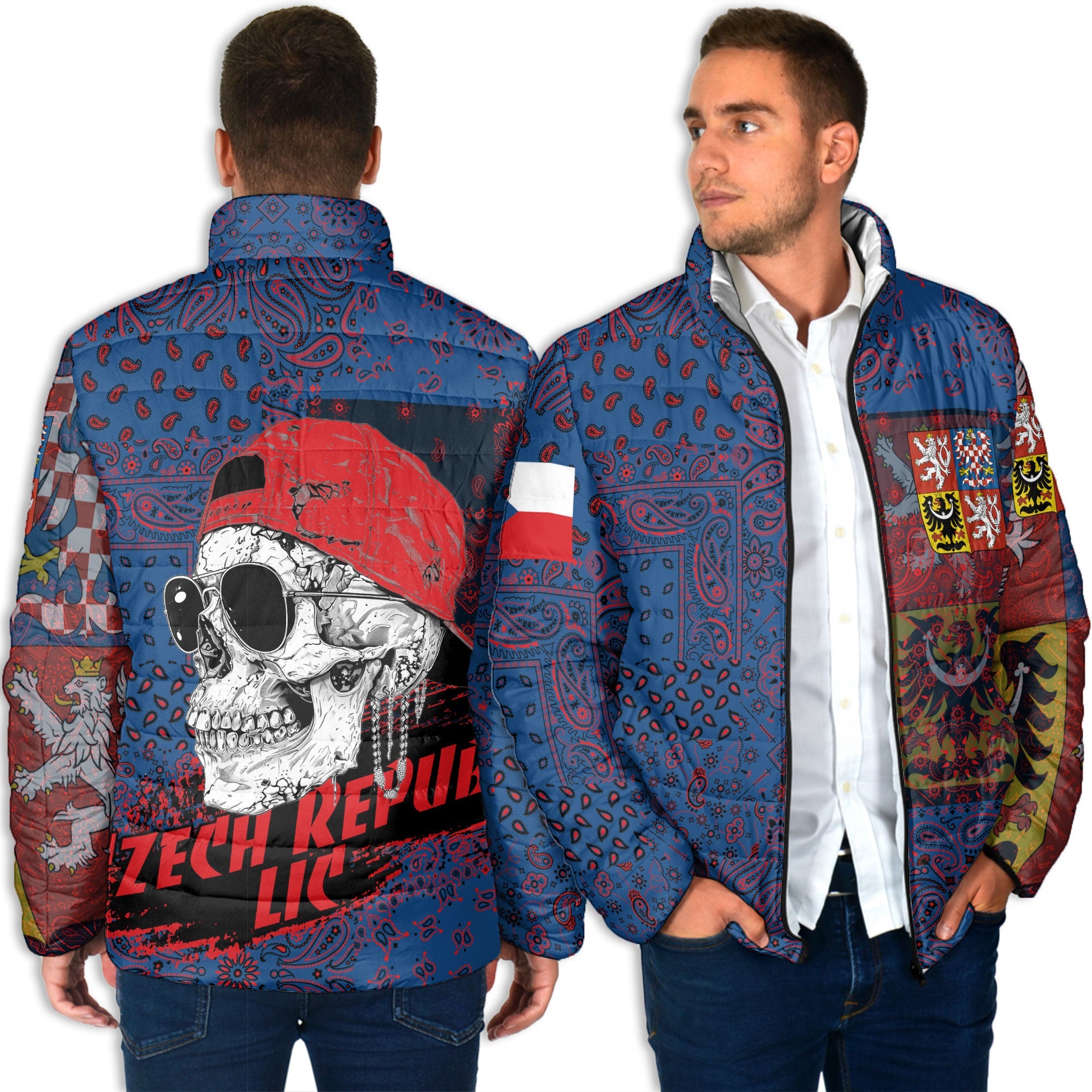 Czech Republic Men Padded Jacket Paisley Flag And Skull Style 4