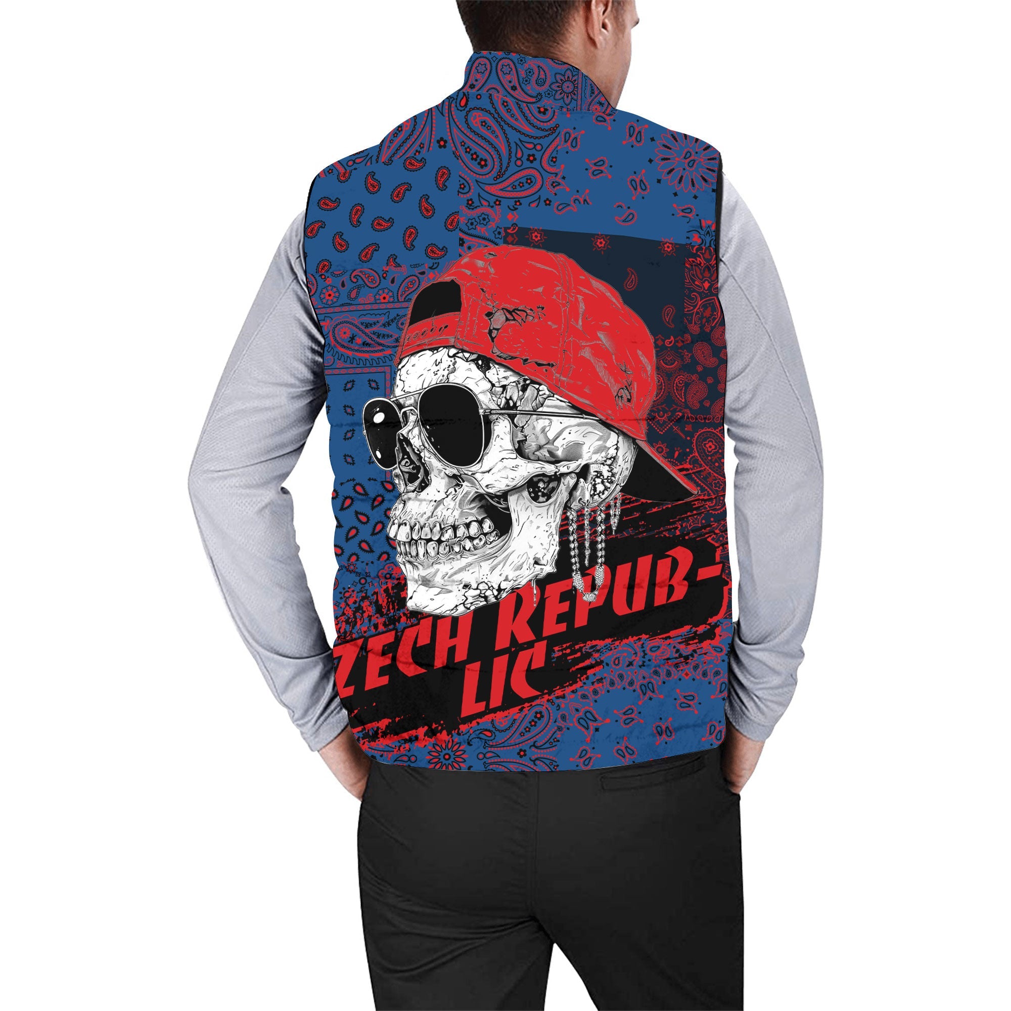 Czech Republic Men Padded Jacket Vest Paisley Flag And Skull Style 2