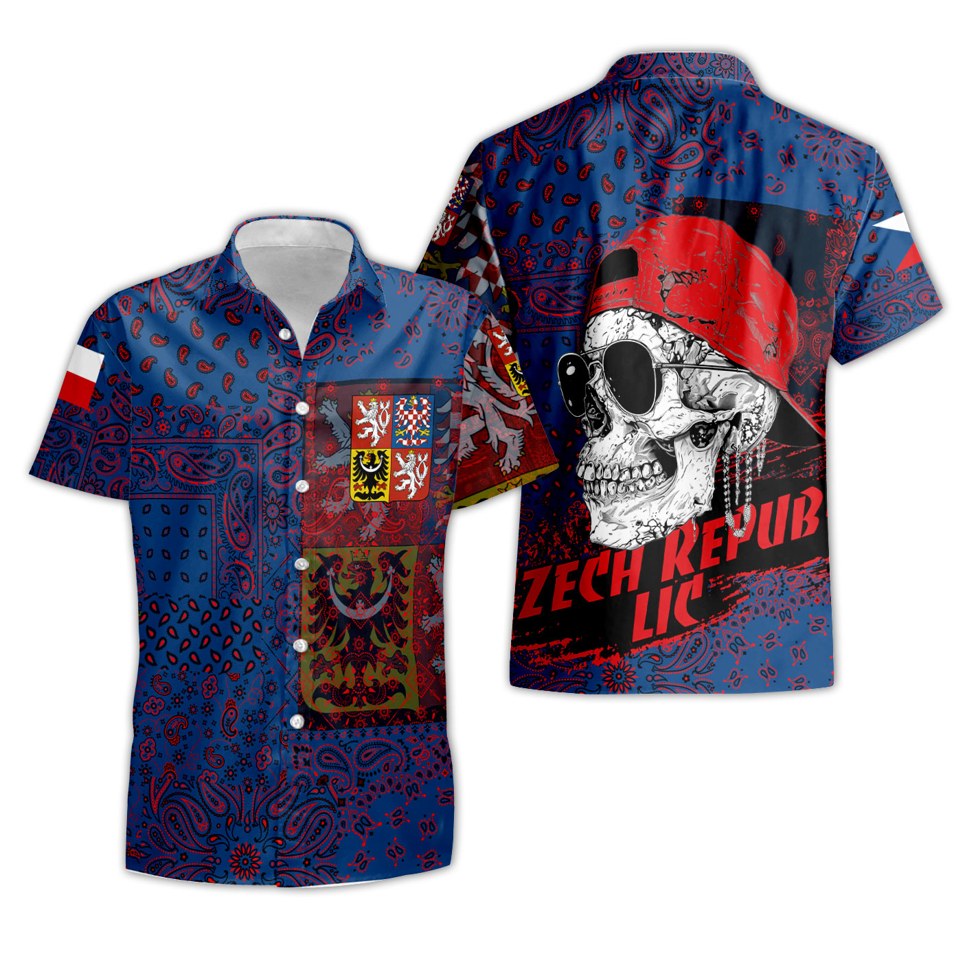 Czech Republic Short Sleeve Shirt Paisley Flag And Skull Style 3