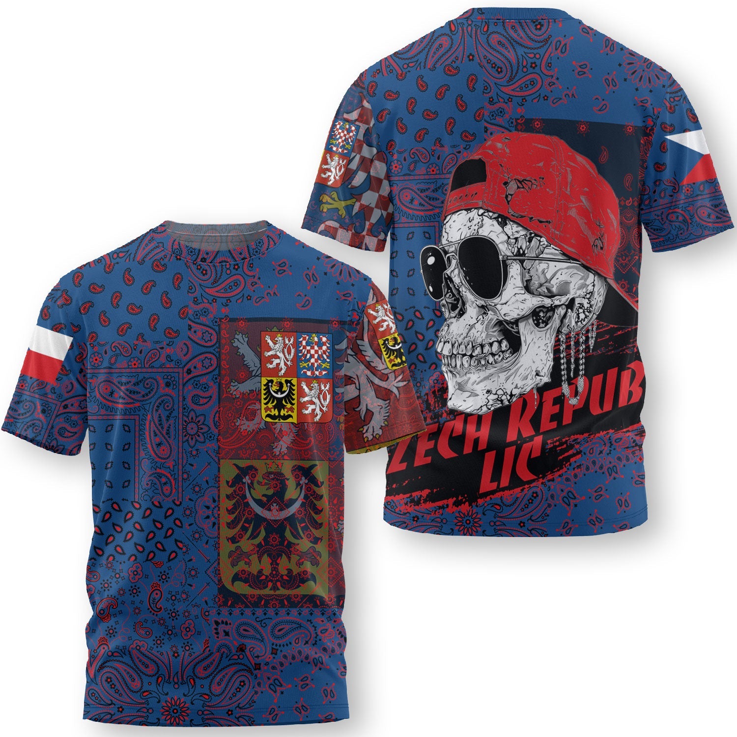 Czech Republic T Shirt Paisley Flag And Skull Style 3