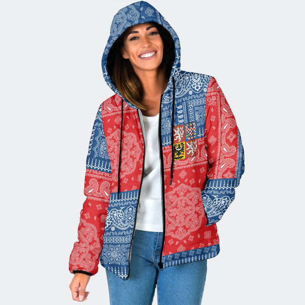 Czech Republic Women Hooded Padded Jacket Flag And Paisley Basic Style 1