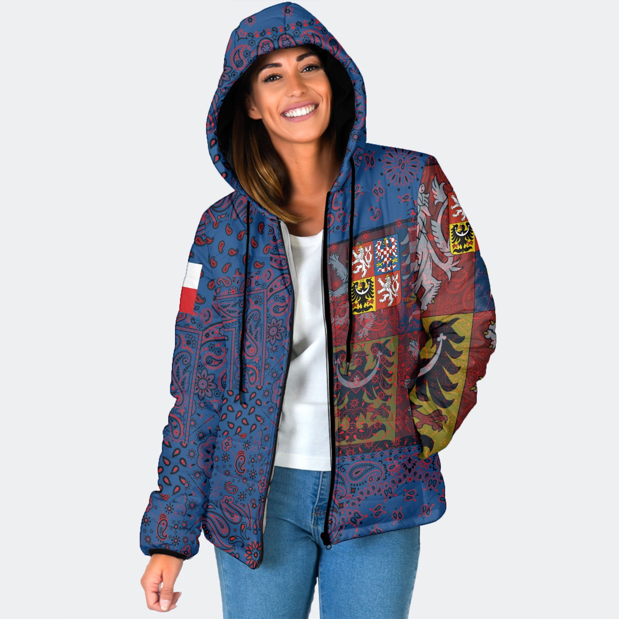 Czech Republic Women Hooded Padded Jacket Paisley Flag And Skull Style 1