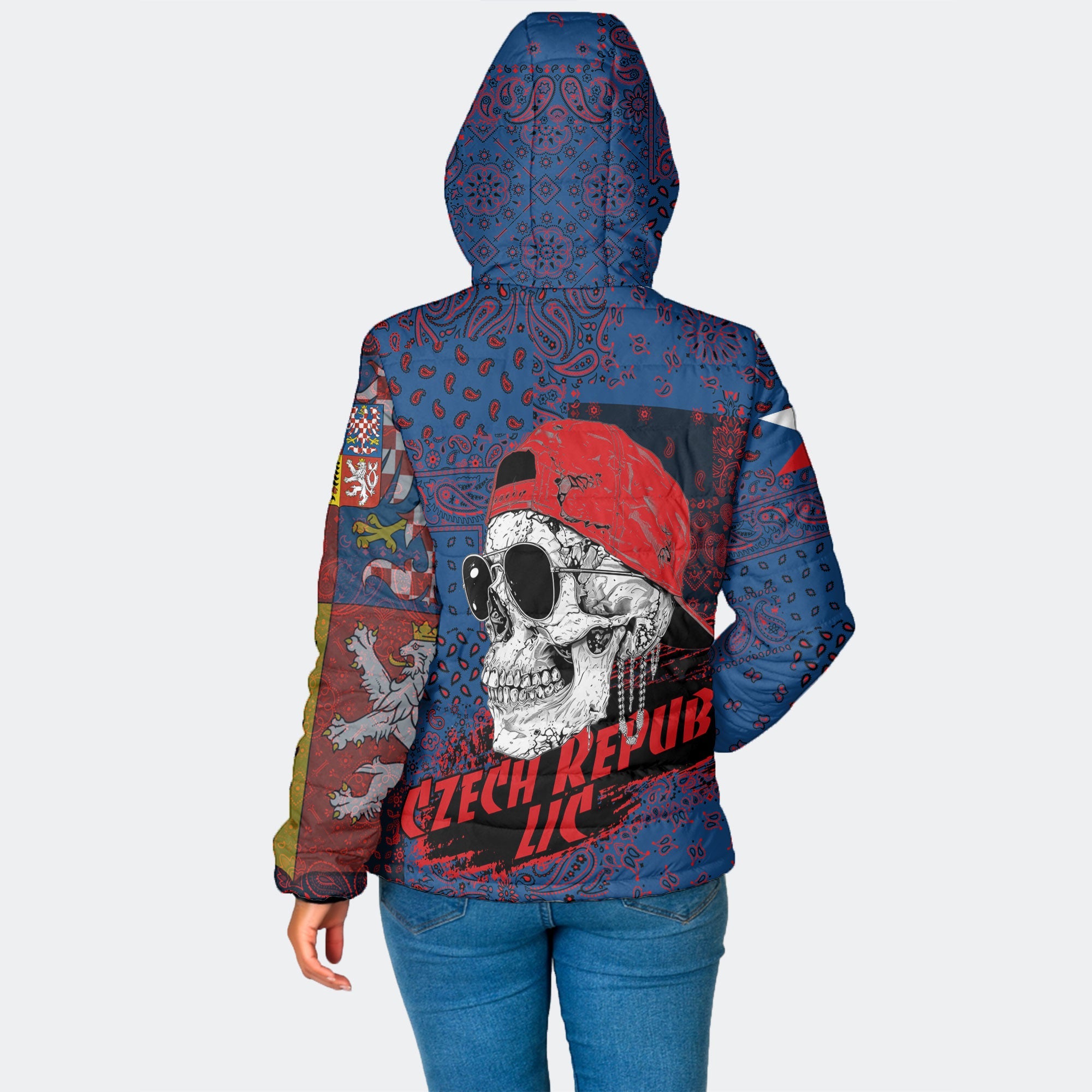 Czech Republic Women Hooded Padded Jacket Paisley Flag And Skull Style 2