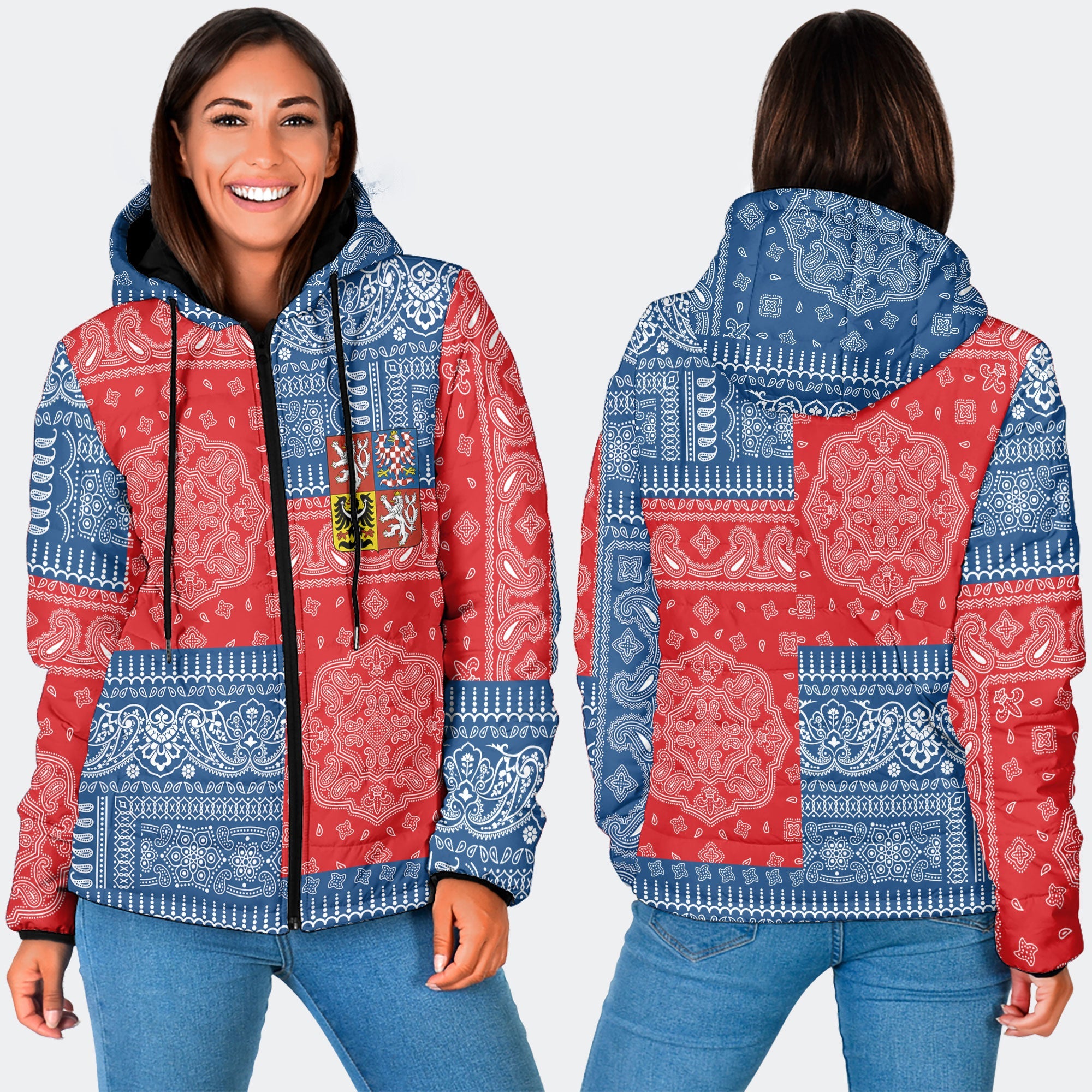 Czech Republic Women Hooded Padded Jacket Flag And Paisley Basic Style 3