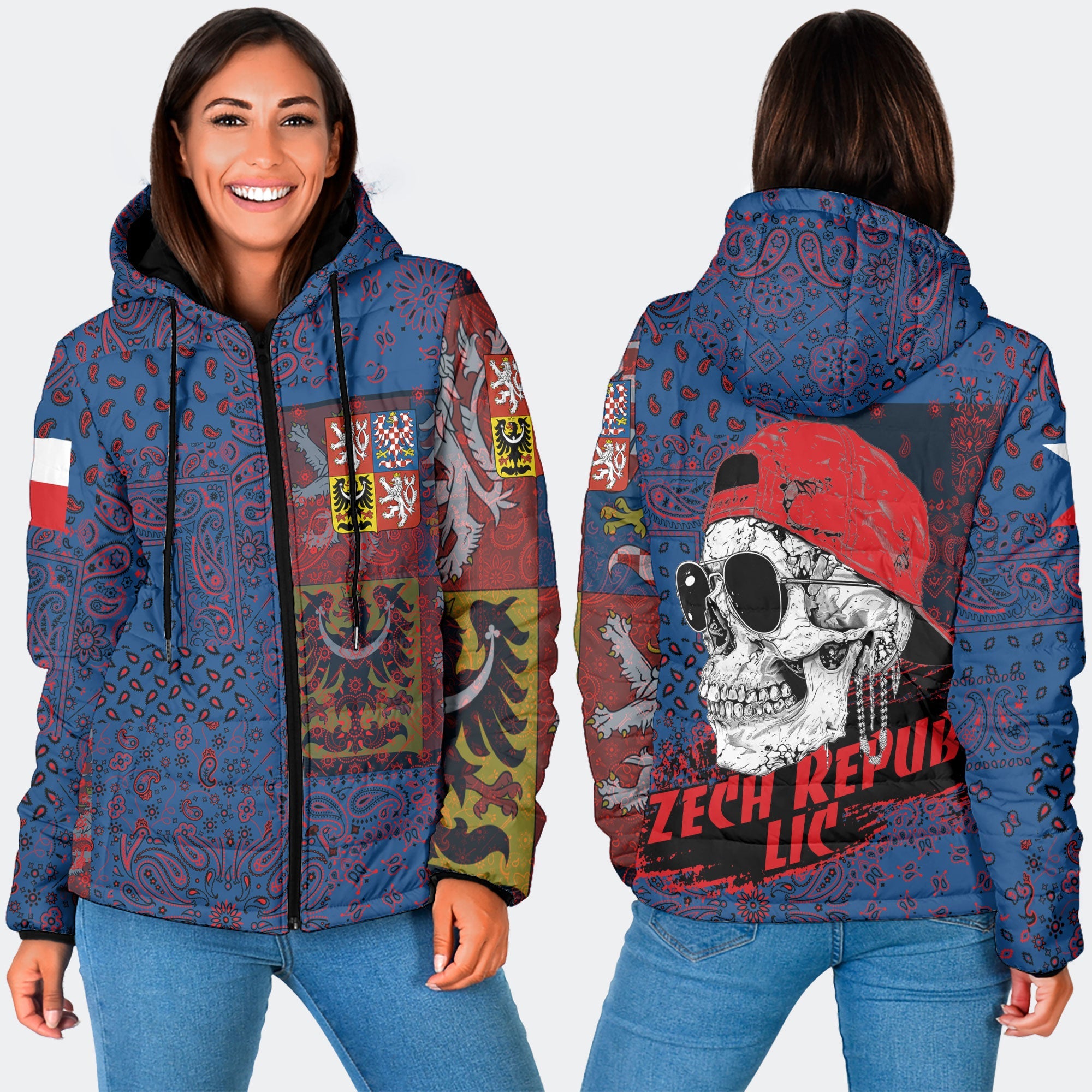 Czech Republic Women Hooded Padded Jacket Paisley Flag And Skull Style 3