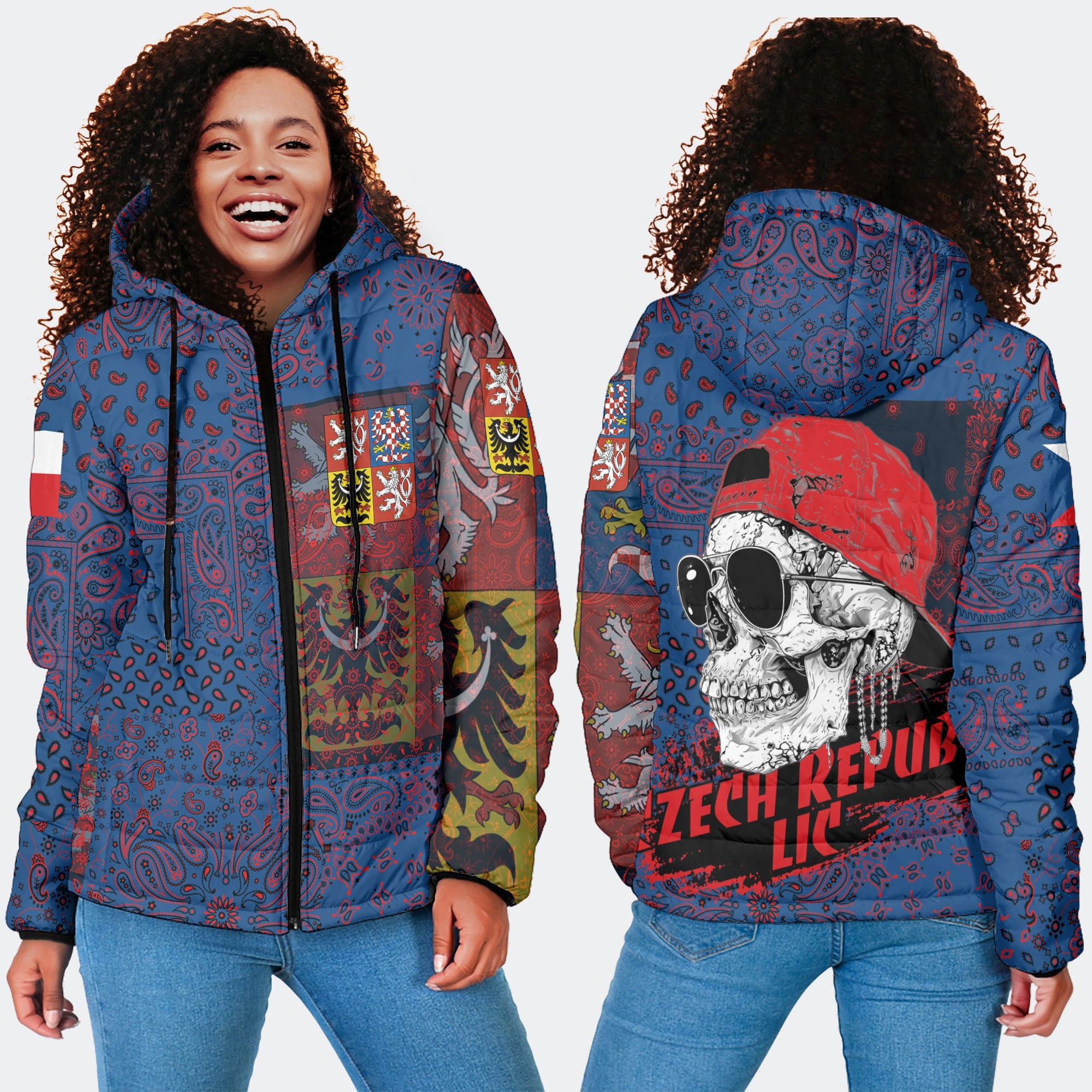 Czech Republic Women Hooded Padded Jacket Paisley Flag And Skull Style 4