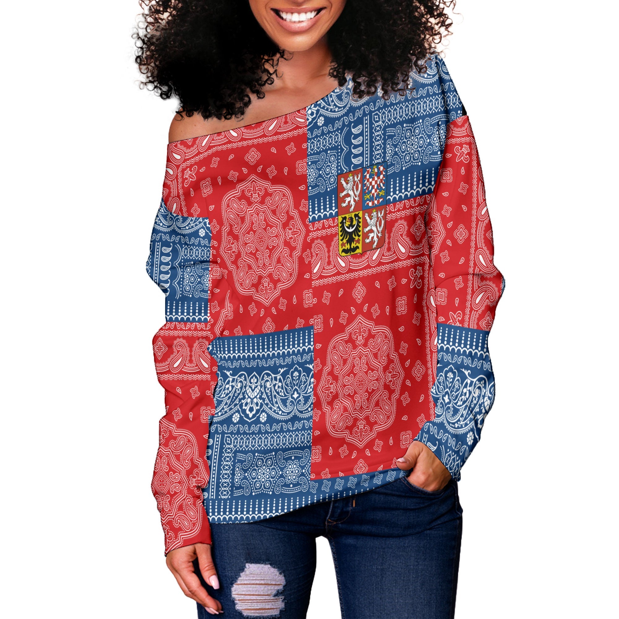 Czech Republic Women Off Shoulder Sweatshirt Flag And Paisley Basic Style 2