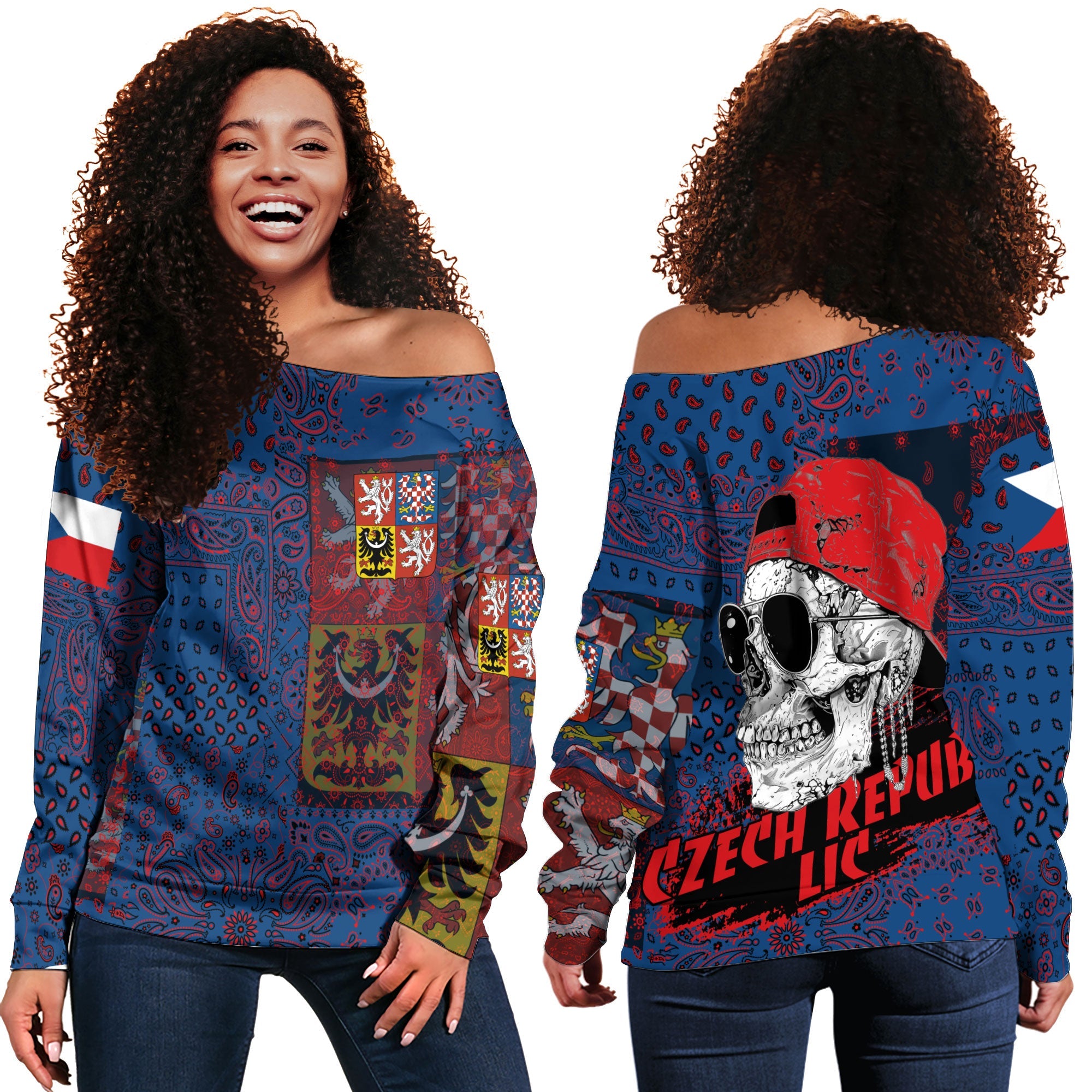 Czech Republic Women Off Shoulder Sweatshirt Paisley Flag And Skull Style 1