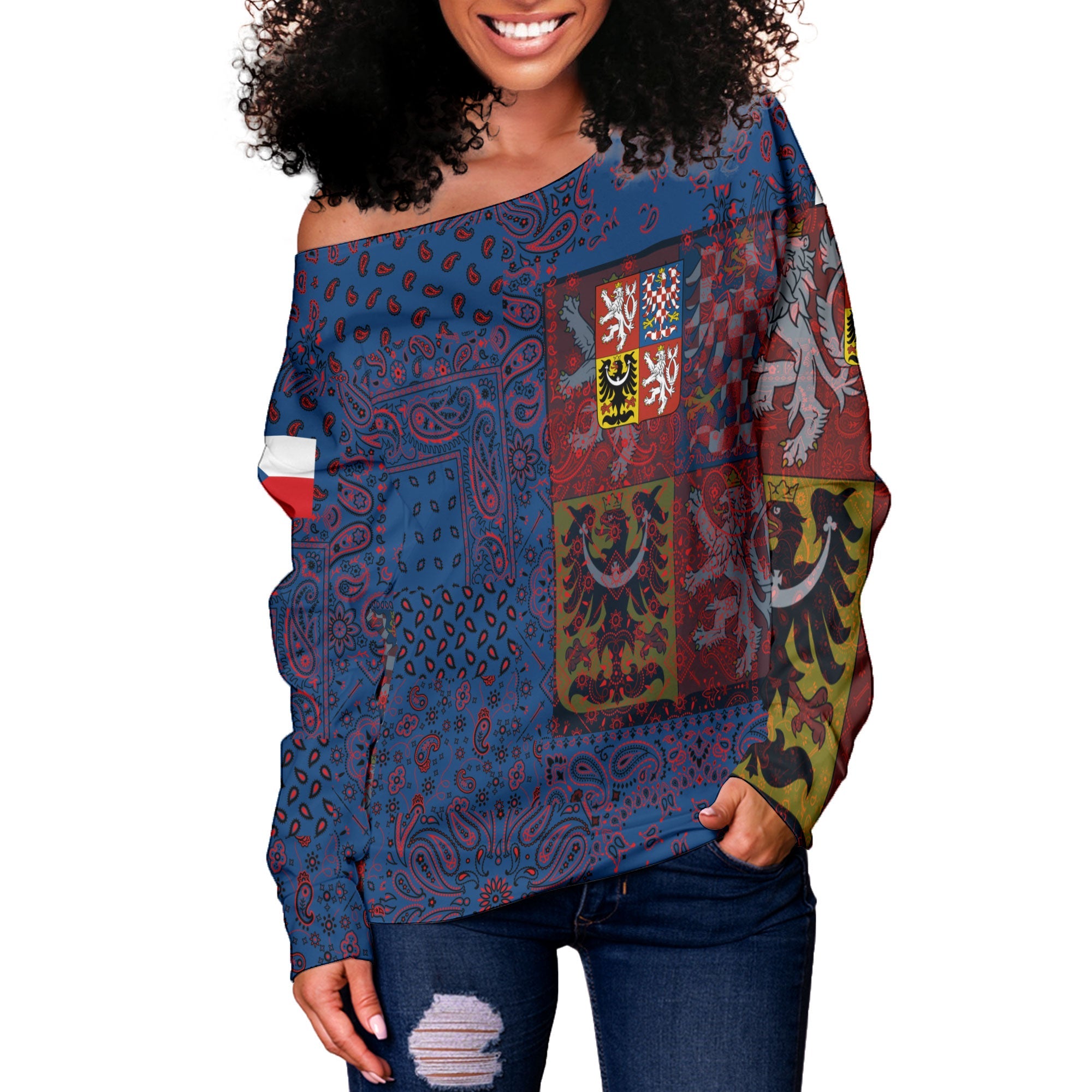 Czech Republic Women Off Shoulder Sweatshirt Paisley Flag And Skull Style 2