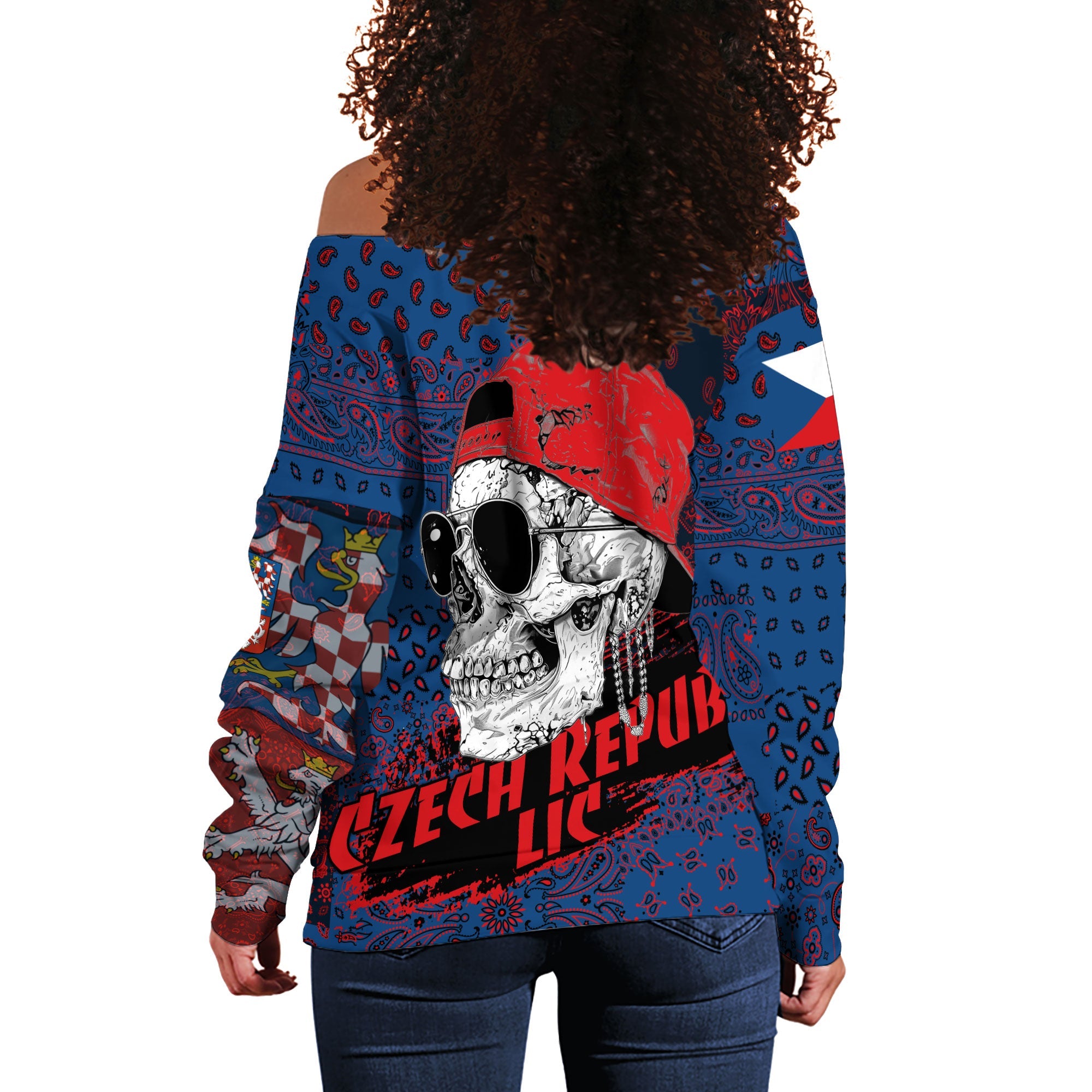 Czech Republic Women Off Shoulder Sweatshirt Paisley Flag And Skull Style 3