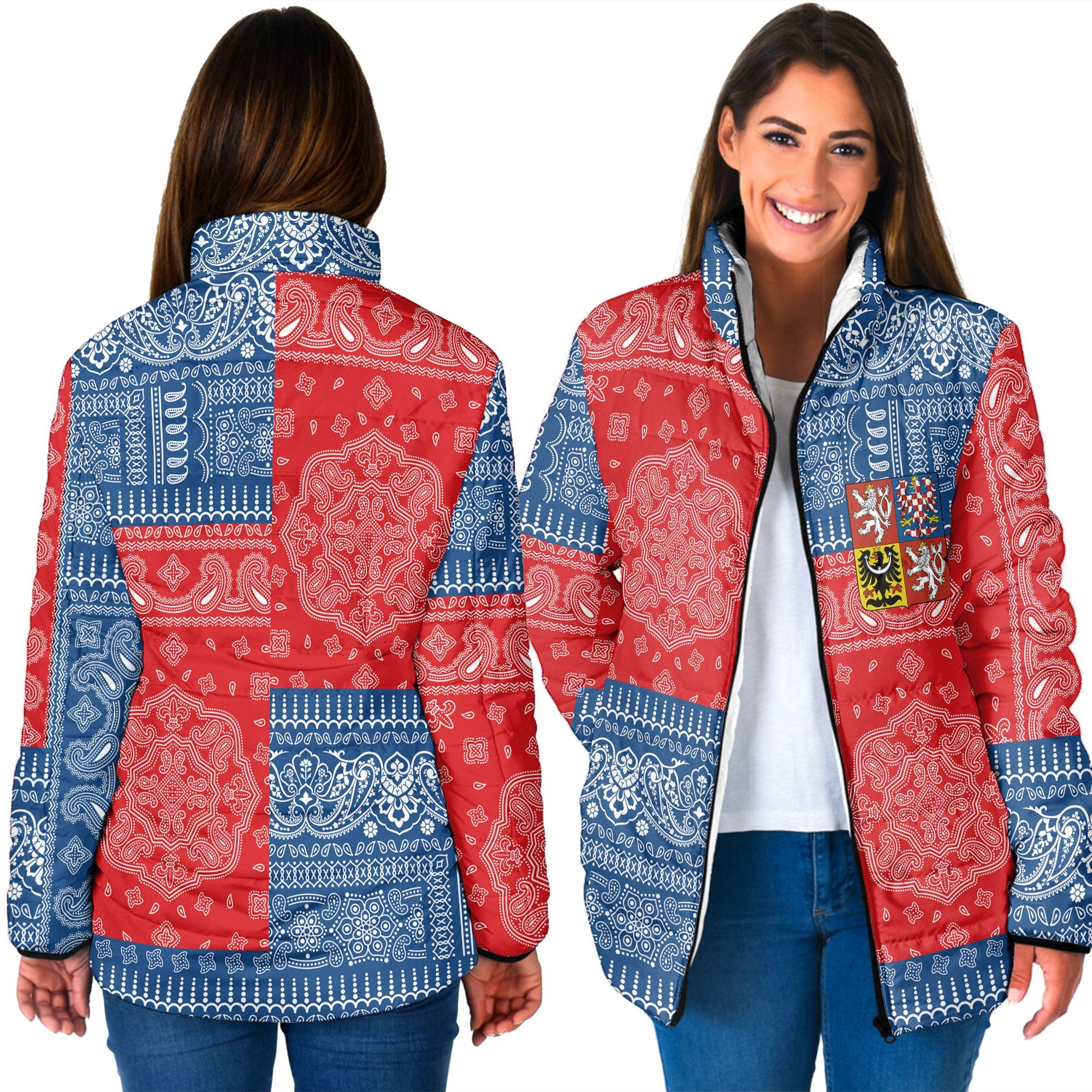 Czech Republic Women Padded Jacket Flag And Paisley Basic Style 3