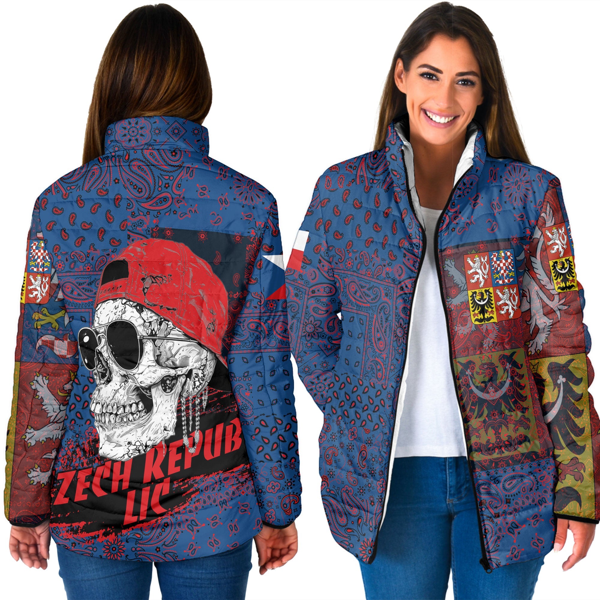 Czech Republic Women Padded Jacket Paisley Flag And Skull Style 3