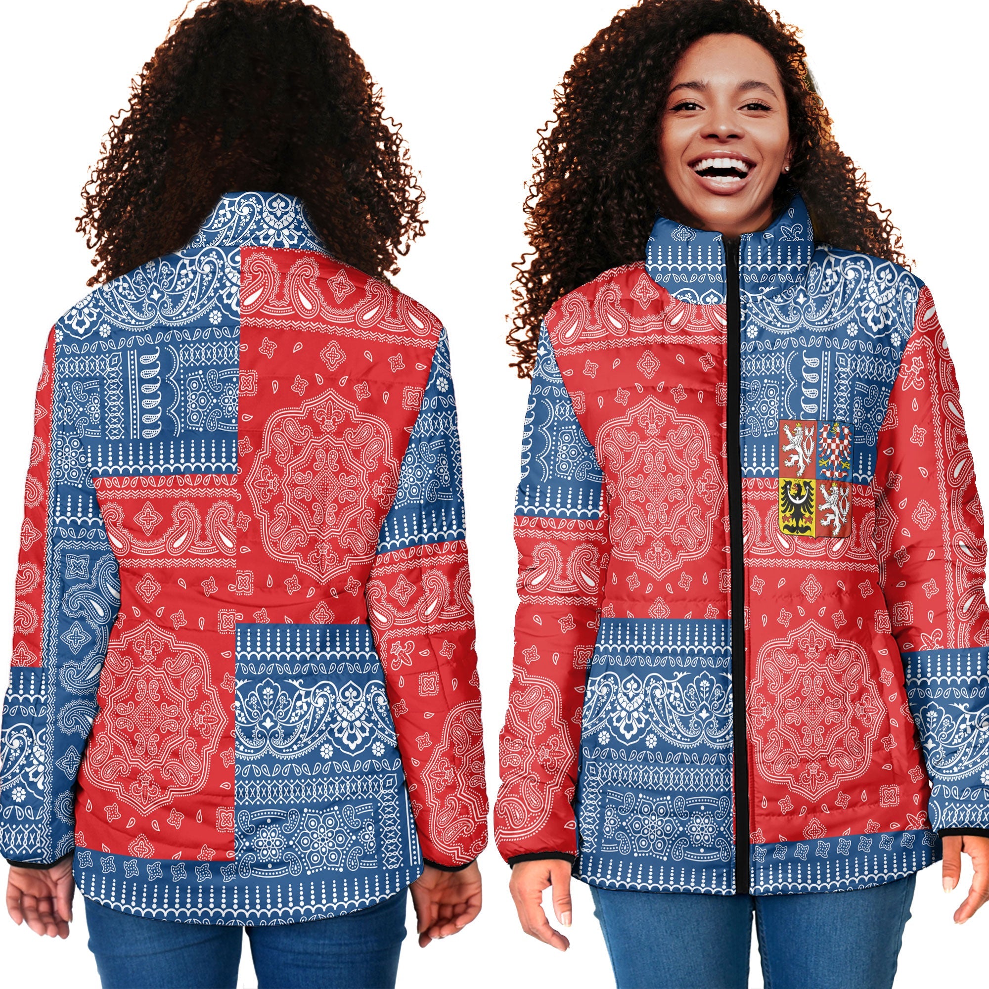 Czech Republic Women Padded Jacket Flag And Paisley Basic Style 4