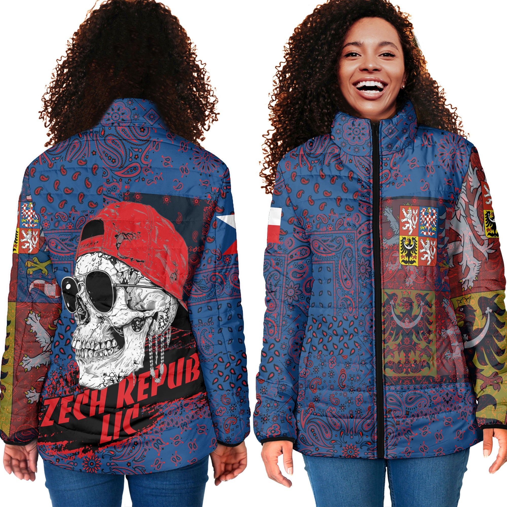 Czech Republic Women Padded Jacket Paisley Flag And Skull Style 4