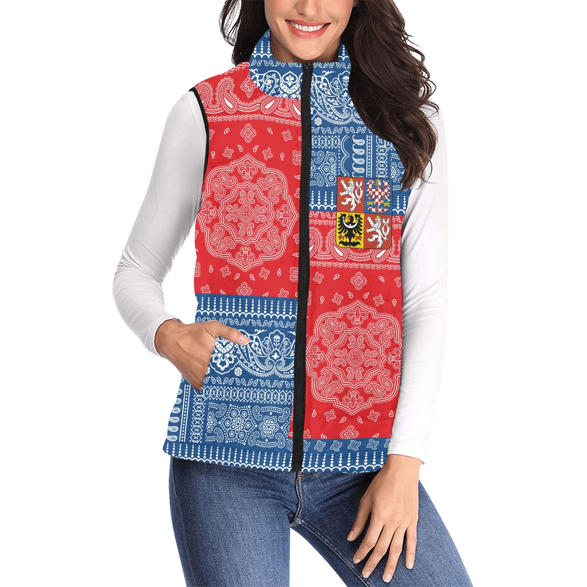 Czech Republic Women Padded Jacket Vest Flag And Paisley Basic Style 1