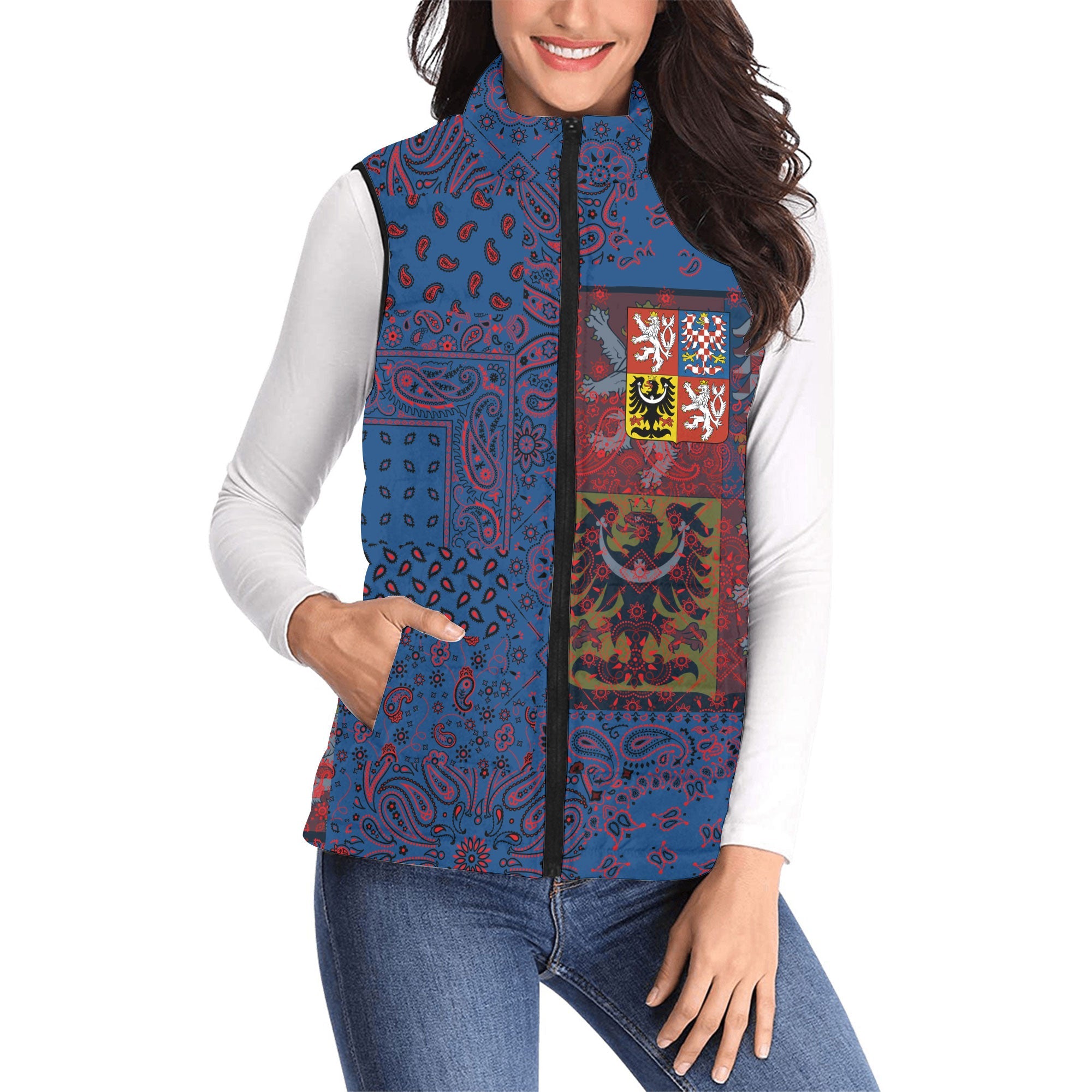 Czech Republic Women Padded Jacket Vest Paisley Flag And Skull Style 1