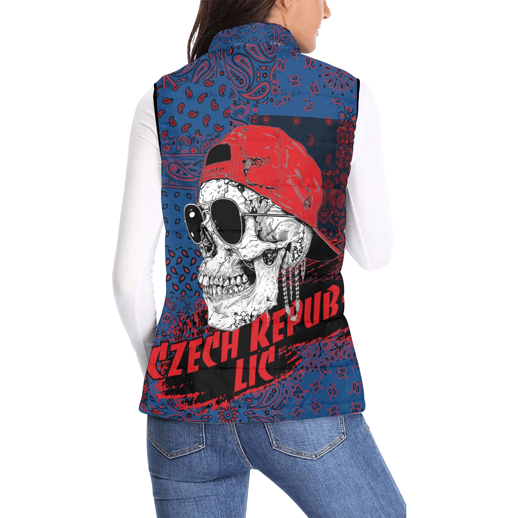 Czech Republic Women Padded Jacket Vest Paisley Flag And Skull Style 2