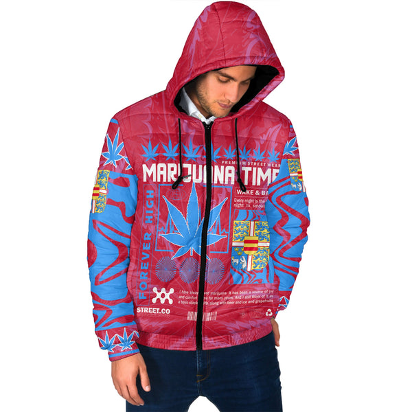 Denmark Men Hooded Padded Jacket Flag & Coat Of Arms Fire Middle Version Marijuanas Style