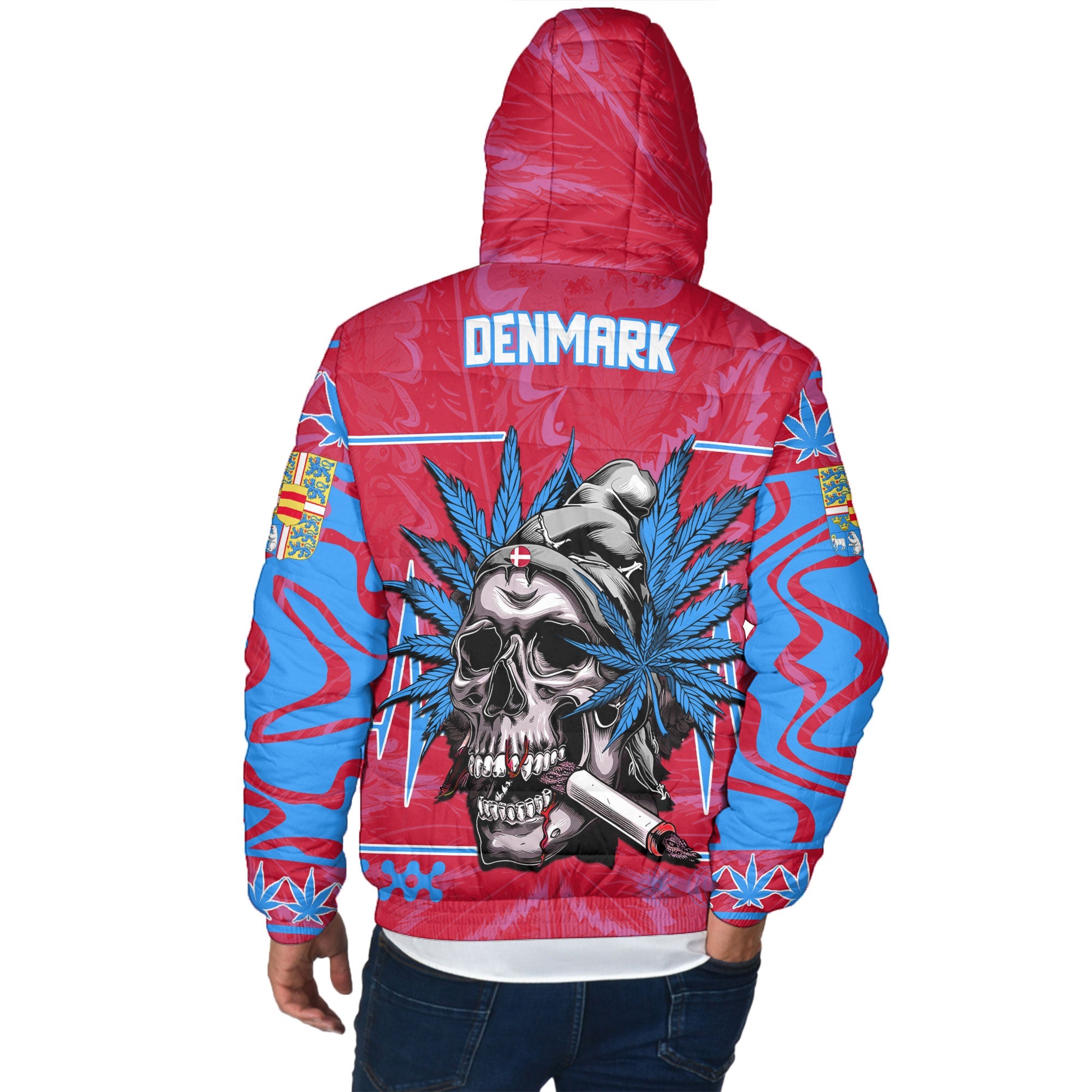 Denmark Men Hooded Padded Jacket Flag & Coat Of Arms Fire Middle Version Marijuanas Style