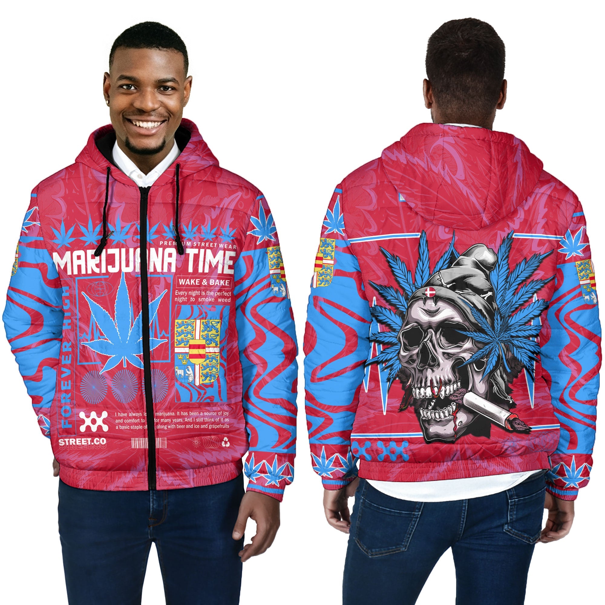 Denmark Men Hooded Padded Jacket Flag & Coat Of Arms Fire Middle Version Marijuanas Style