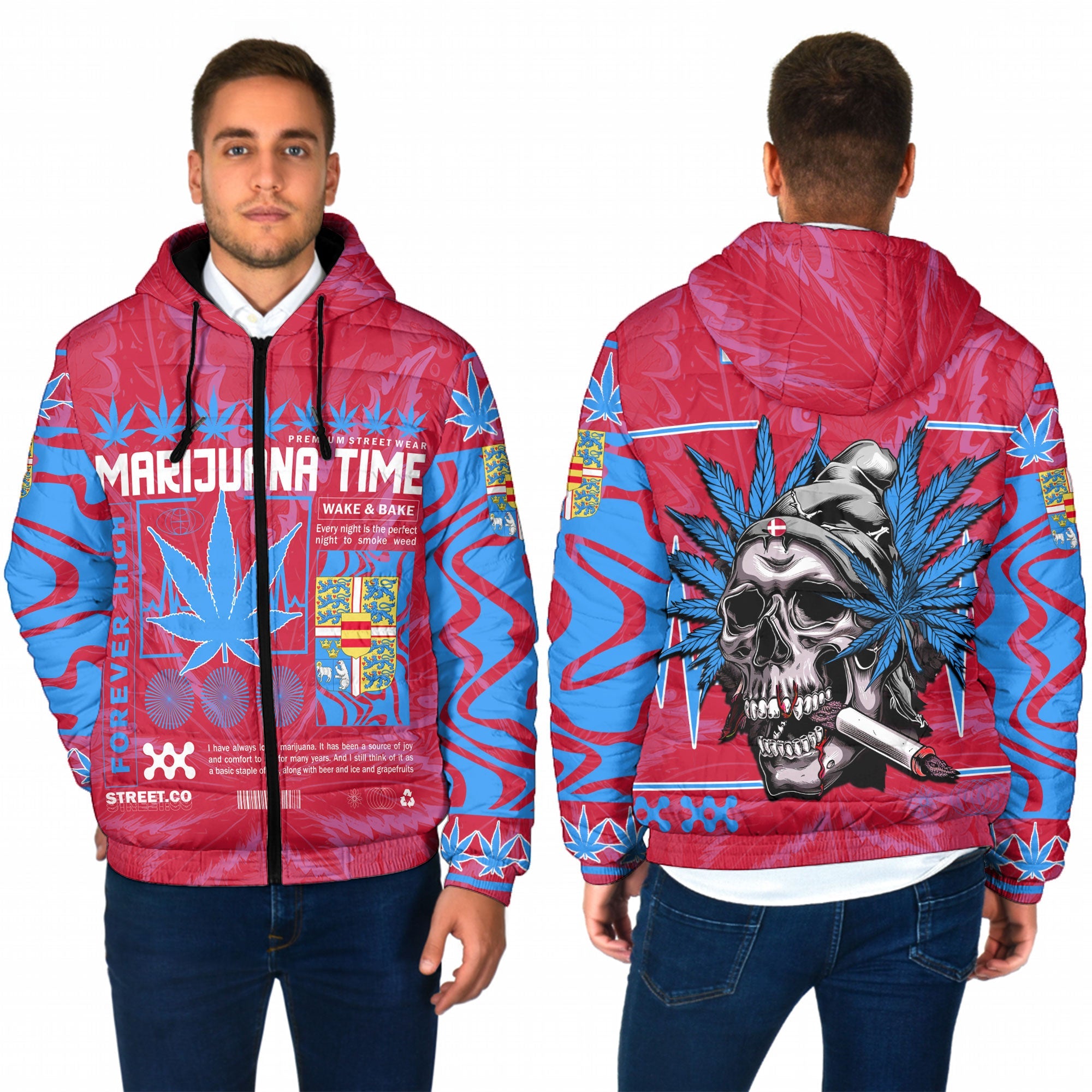 Denmark Men Hooded Padded Jacket Flag & Coat Of Arms Fire Middle Version Marijuanas Style